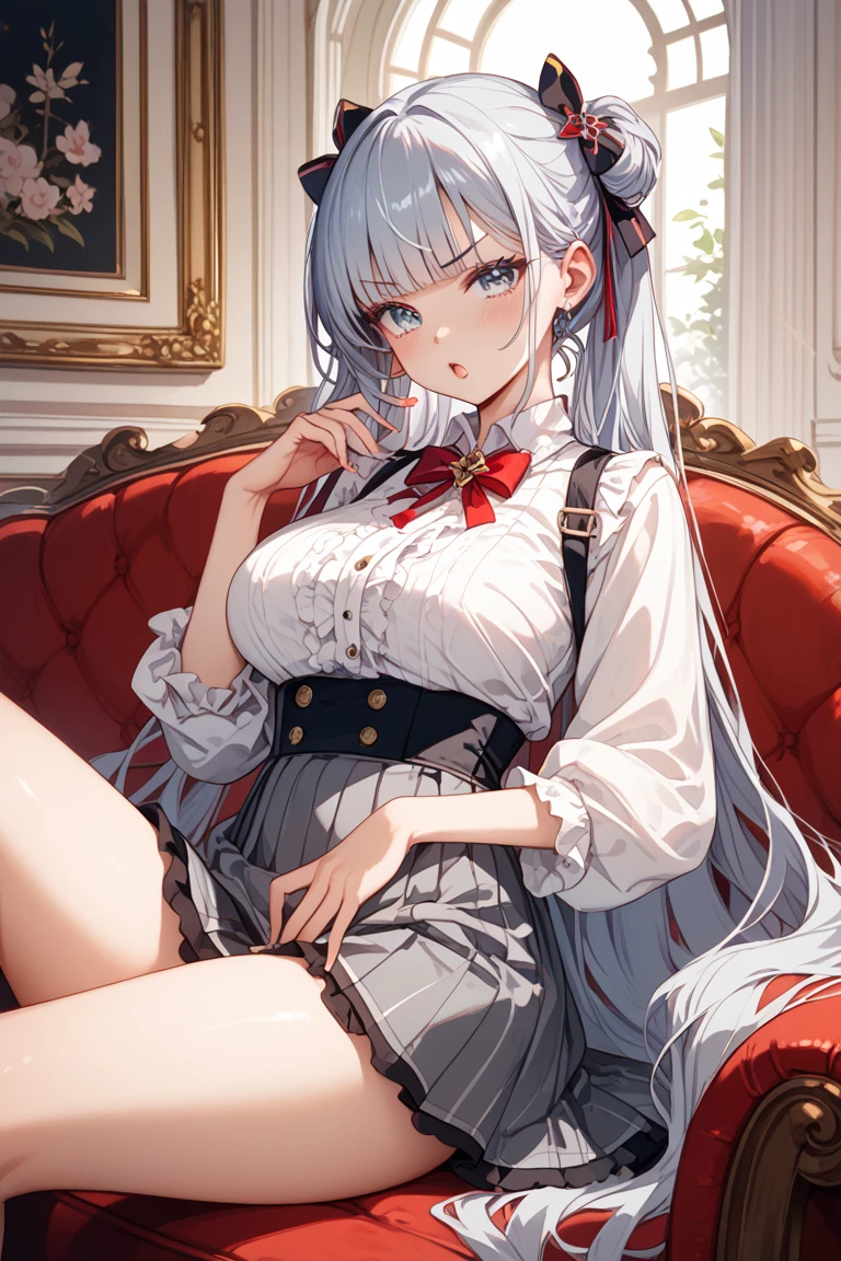 White hair, white silk, girly, cleavage, sitting, bedroom real person