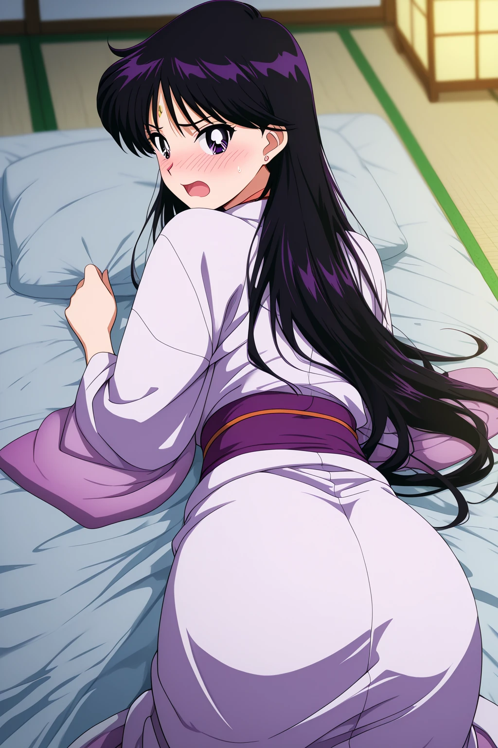 masterpiece, absurdres, hinata\(boruto\), 1girl, solo,mature female, laying down on bed, face down ??? up, image ???????????, ??? hidden behind skirt, thicc ?????????? on ????, high waist mini skirt, looking at viewer, (falling petals), perfect composition, detailed lips, beautiful face, body propotion, blush, (pink lips), long hair,  purple eyes,  soft gaze,  super realistic, detailed, photoshoot, realistic face and body, perfect ????, focus on ???
