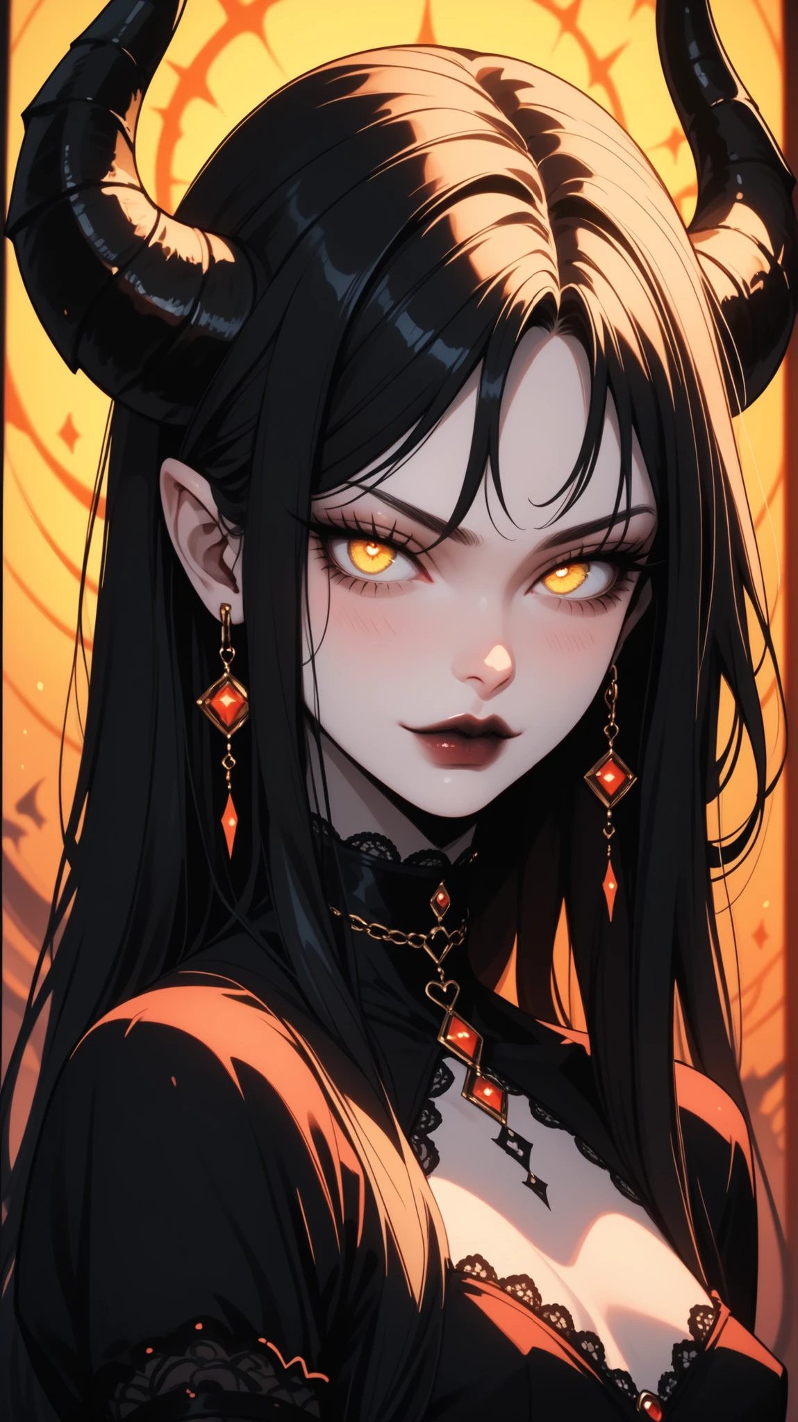 demon girl,  succubus, sexy ,pale skin, cute face,  big black curved horns,  looking at the audience , bottom focus , black long hair,   expressive yellow eyes ,  glowing yellow eyes ,  seductive eyes, dress, small breasts,  gothic background 