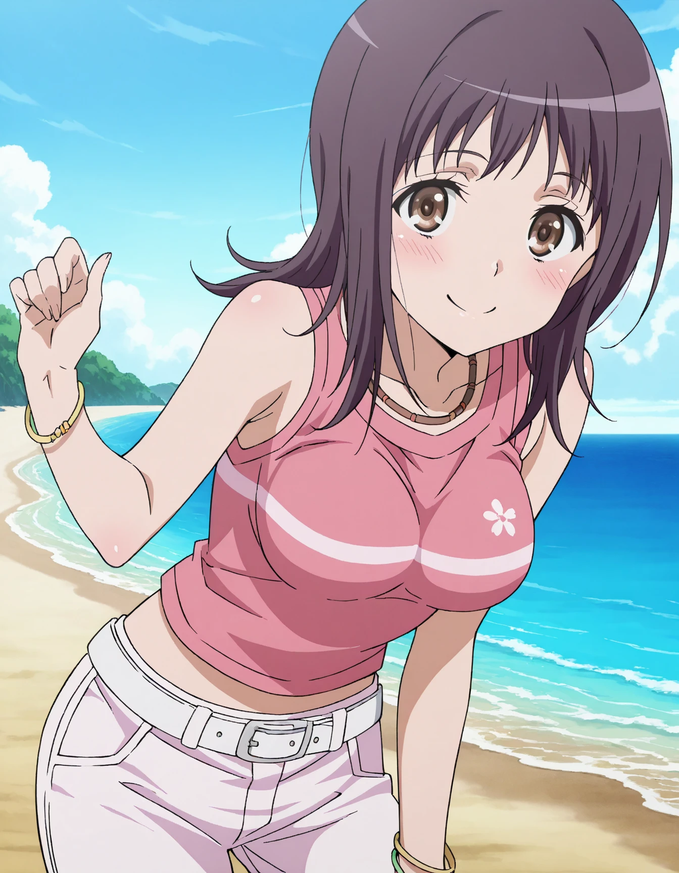(from above:1.3),(anime screen cap,Anime cel drawing style:1.2), Manga style,Brown hair, Brown eyes, Ponytail, Scrunchie, Short hair, Anime coloring, 1girl in, hair scrunchie,Cowboy Shot,(beach:1.3),(The bikini:1.5),(Open towel:1.4),(Happy smile),Large breasts,(Wet:1.3),chubby,sitting on