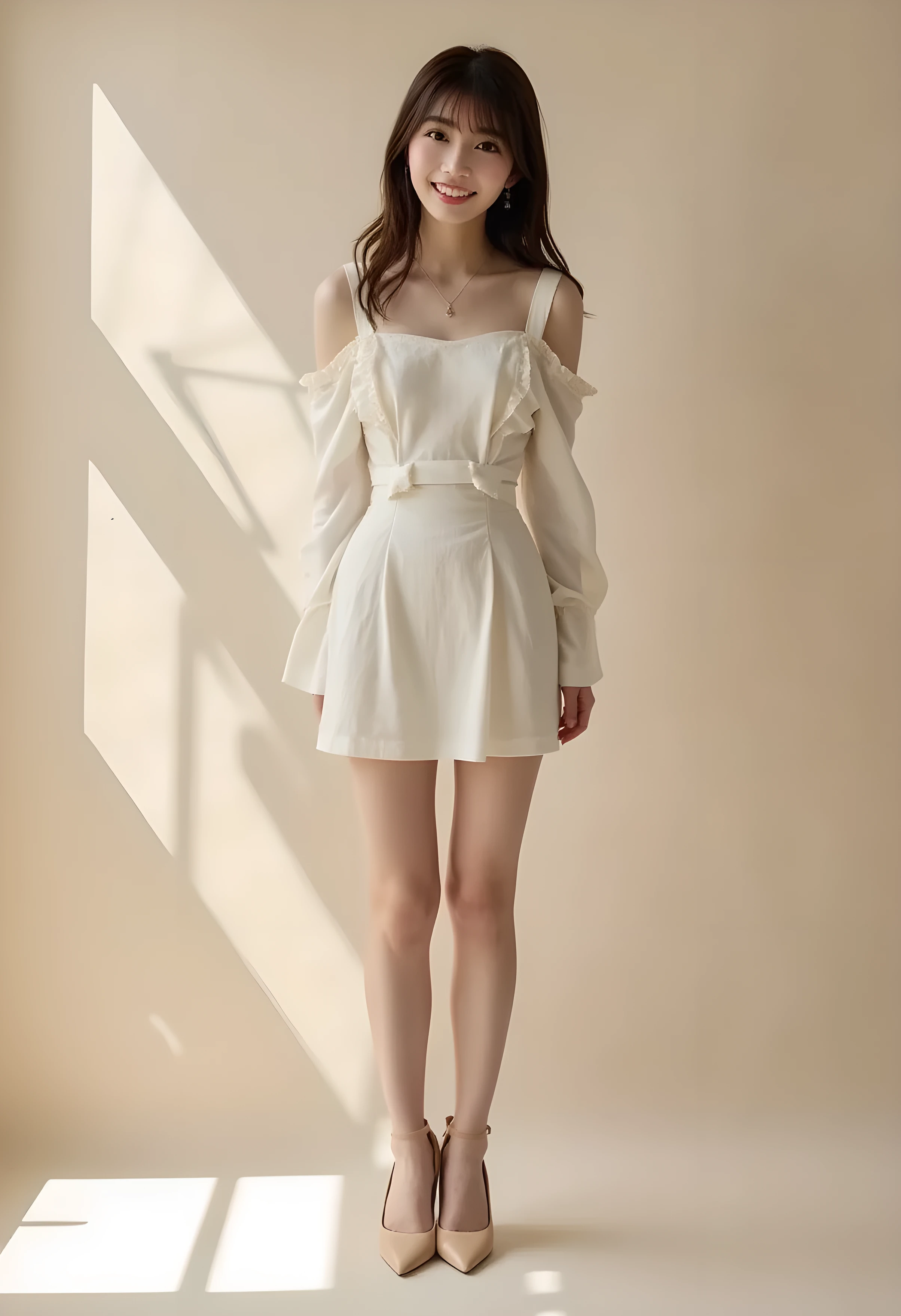       super real ,       photorealistic   ,    (Full body image:1.5),  she looks so happy in a photography studio with a simple background      , shadow,           GLOBAL ILLUMINATION          , Alone, (Japanese woman in her 20s :1.5),      so beautiful、     Cute Smiles ,    vinegar,    brown hair ，　Beautiful legs ， Long, slender legs ,       すり身ウエvinegarト   ， She's wearing a receptionist   ，バvinegarガイドのを着ています  ，   turn your body forward、  white hair，full body photo  ，Please take a picture up to the tip of your foot  ，wear gray pantyhose on her legs  ，When the light hits stockings, they reflects beautifully.，wearing beige high heels      ，