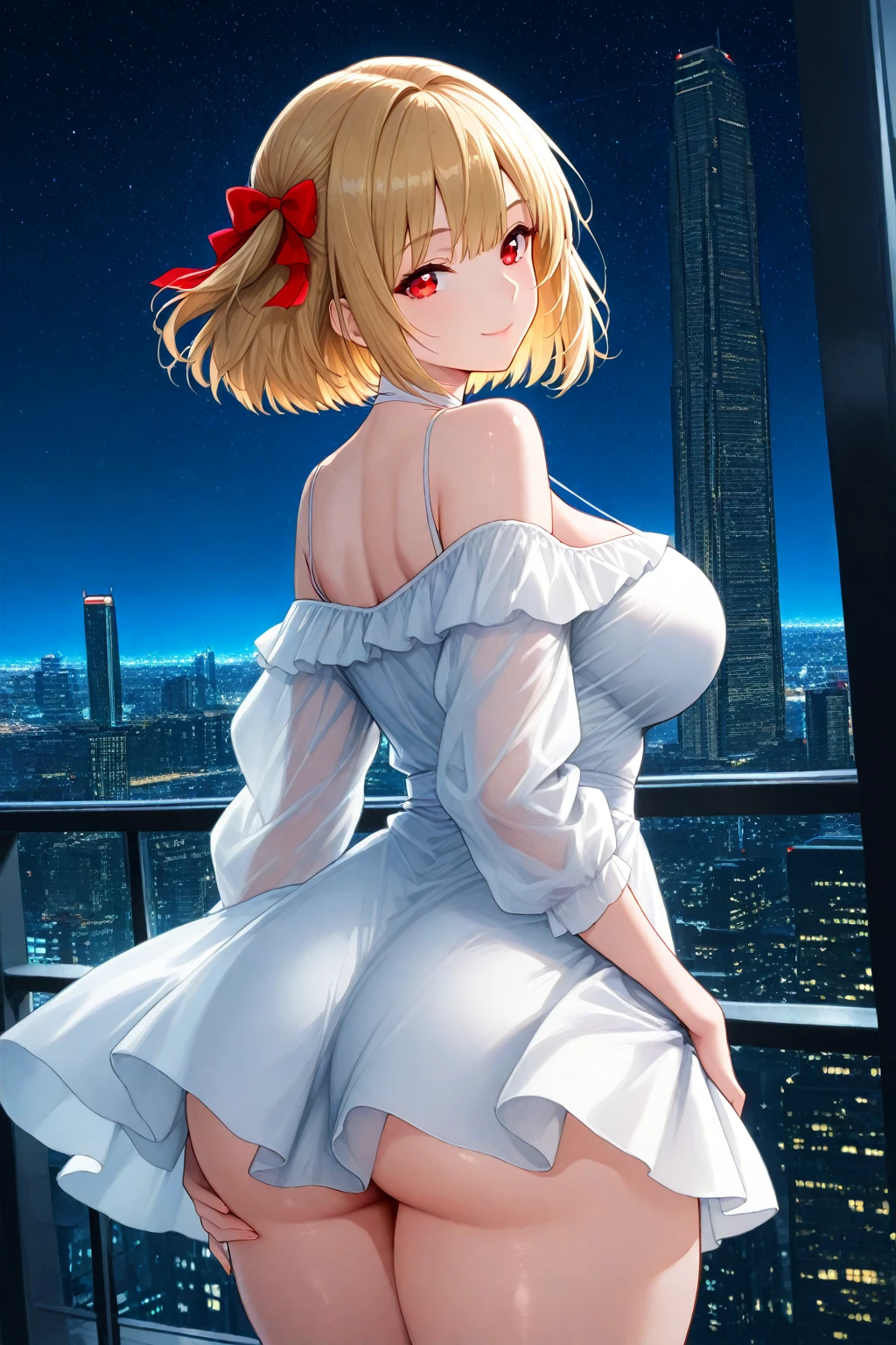 Young and beautiful Kathryn Newton, Glasses, White dress shirt, The neckline is deep, White mini dress, Black stockings，Wearing black， Surreal, 16 years old, Model Diagram,Extra , Beautiful , Big , Long hair, Ponytail, Blonde hair, Long legs, 8K, futuristic city, Cherry blossoms,Sweating all over the body，Large areas of clothing are wet， sunrise, LED lighting, Anime style, (((cleveage)))，（（Leaning against the wall，Sideways posture））