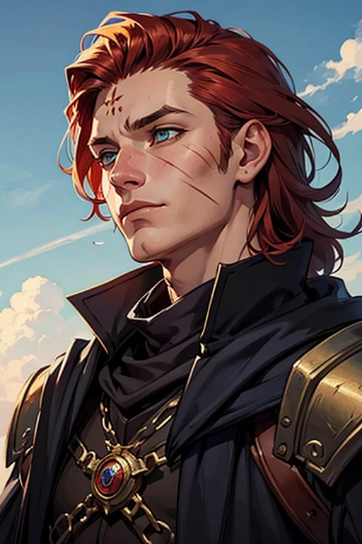 (absurdres, highres, ultra detailed), 1 male, mature, handsome, tall muscular guy, broad shoulders, red hair, ruby eyes, long sleeves, finely detailed eyes and detailed face, extremely detailed CG unity 8k wallpaper, intricate details, (style-swirlmagic:0.8), portrait, solo, half shot, detailed background
