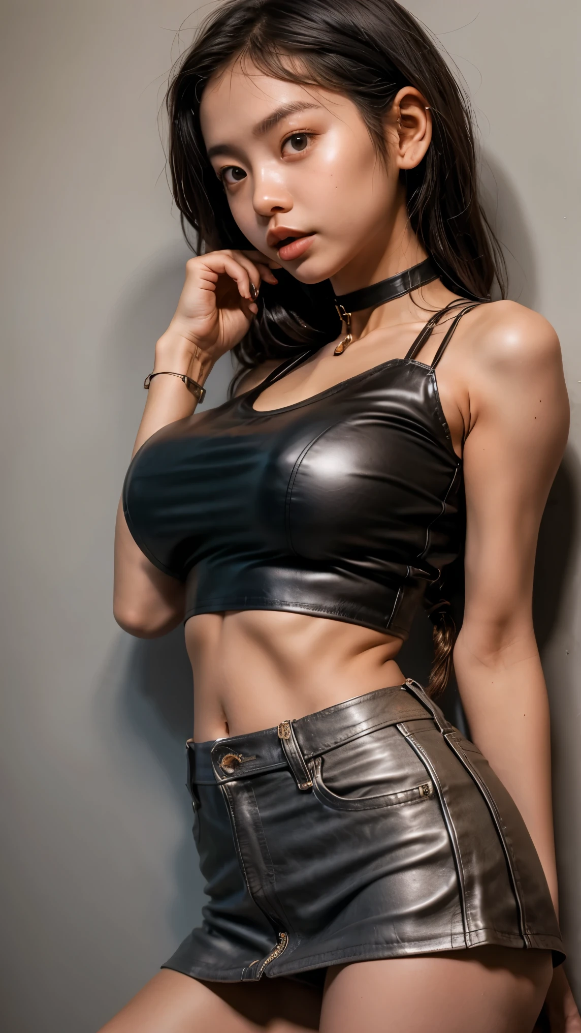 Best Quality, masuterpiece, Super high resolution, (photoreal: 1.4), Original Photo, Head Photo, Snow White Skin, sinnpuru　BACKGROUND, DETAILED EYES,  1 Girl, Look at the Viewer,large 、17歳、smilling face、Baby Face、Korean Bishoujo Idol、Transparent black tank top、(extremely short leather miniskirts:1.4)、(((Miniskirt with visible lower buttocks)))、(Golden Choker:1.4)、Shiny red high heels、(((Shiny red lips)))、Shiny black stockings、Sexy thighs、Sweaty skin:1.3、Glowing black hair、