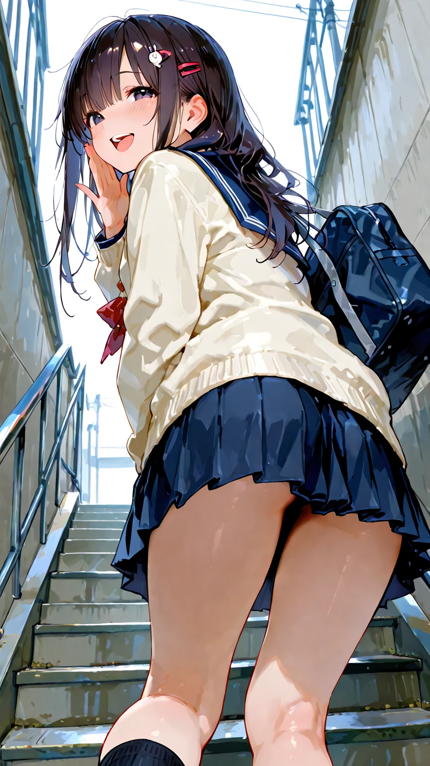 (((masterpiece, highest quality, High resolution, 超High resolution, Perfect Pixel, Depth of written boundary, 4K, RTTX 10.0))), Beautiful Anime Woman, Beautiful art style, Anime characters, ((Smooth texture, Realistic texture, Anime CG Style)), Exact finger count、Exact number of legs、(Exact number of arms:1.0, Exact number of hands:1.0), (Perfect hands, Perfect Anatomy.1.5), Cinematic, Realistic, Extremely detailed CG, Daytime lighting, Perfect lighting, Best Shadow, The best natural light, whole body, Perfectly balanced style, A perfectly balanced body, Slender body, whole body, ((bangs, Dark brown hair, Stylish and cute ponytail)), (A woman wearing a cute sailor uniform is climbing the stairs, Stick your ass out:1.5), (Fashionable white shirt, Sailor collar, Navy blue sailor suit, Knee-high socks, Navy Pleated Mini Skirt:1.3), (Sexy and cute panties, (Stylish shiny light blue satin small panties:1.3):1.3), (Embarrassing, (blush:1.2), (Embarrassed look:1.3), (Stairs in the city:1.3), (Angle from the rear, Angle 1 focusing on the buttocks.3)