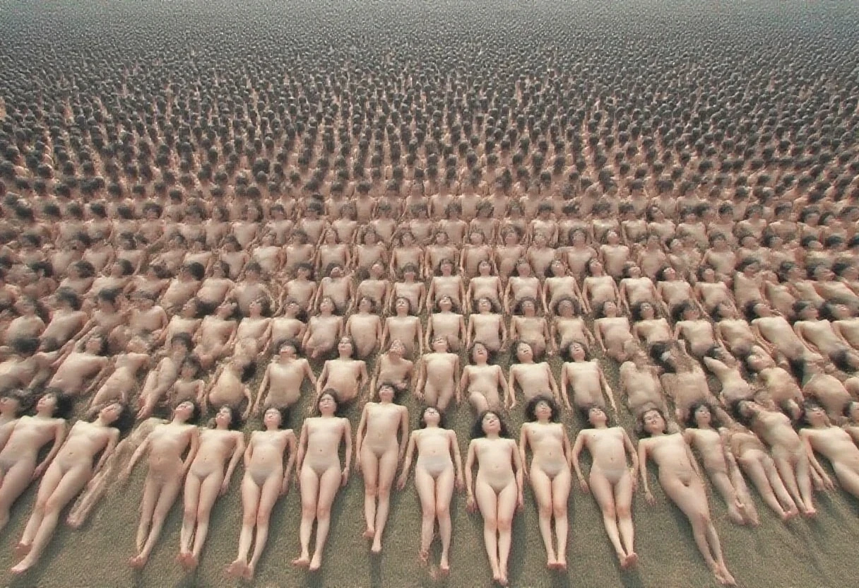 naked, four slim girls without clothes, barefoot, in the Garden of Eden