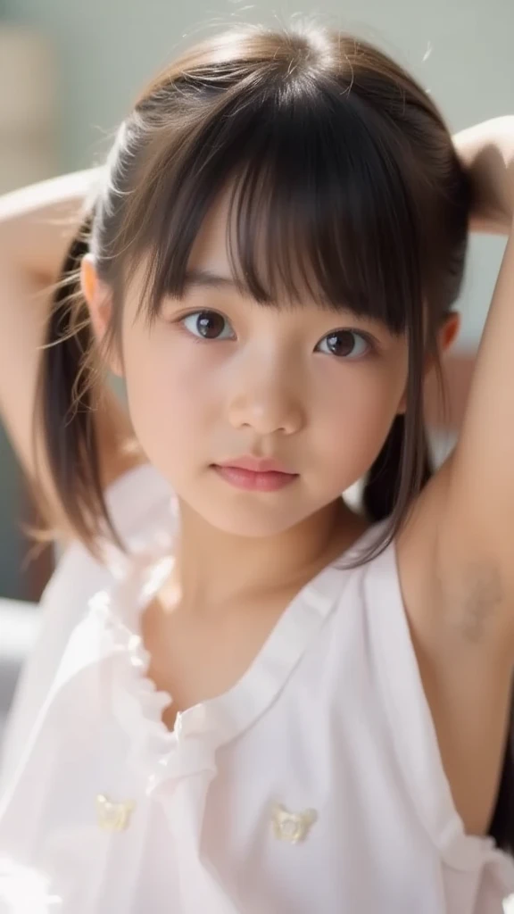 8k,Japanese,10 years old,innocent face,teenage girl,cute,summer clothes,everyday wear,sitting,black hair,bed,hair clip,There is a stuffed animal