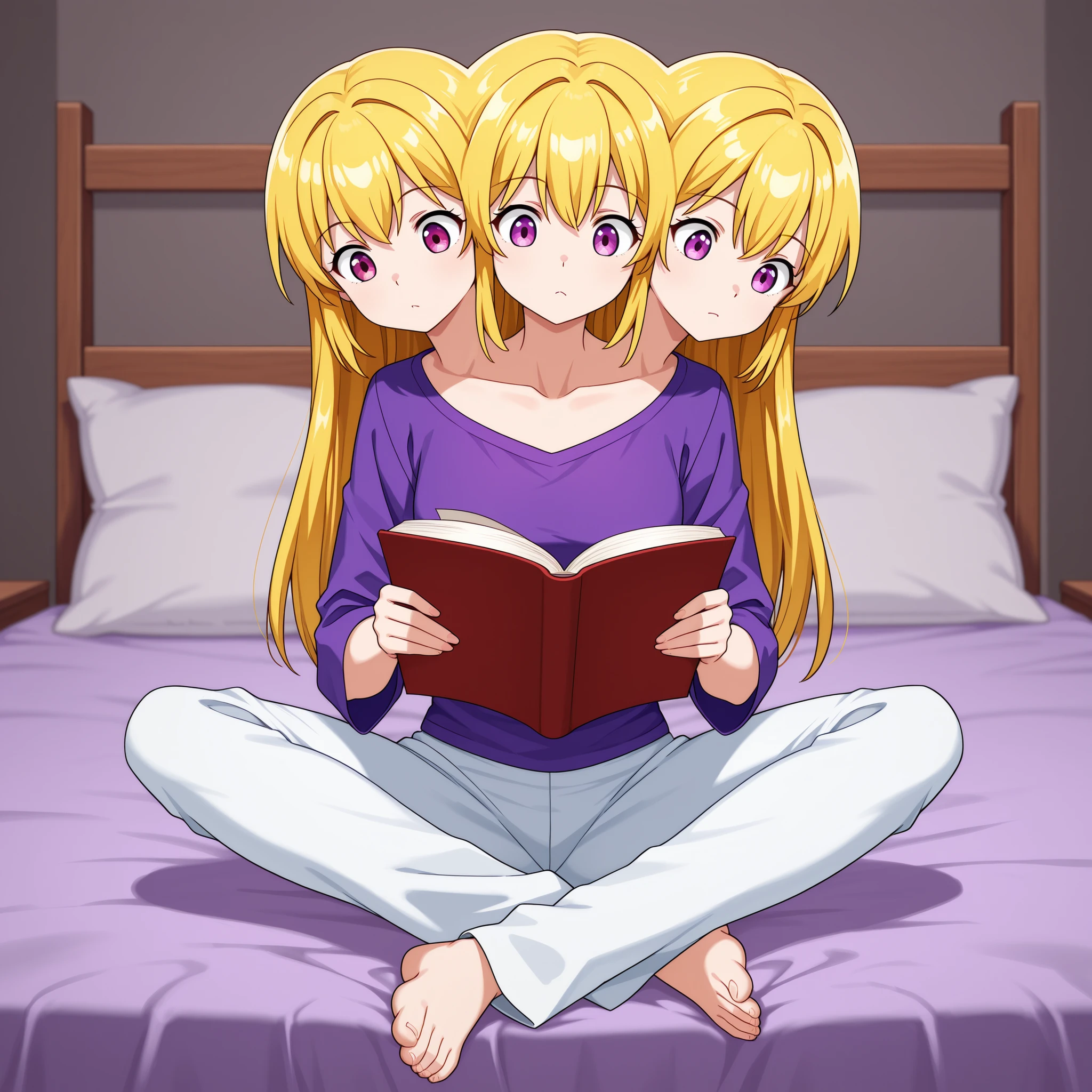 conjoined, anime girl with three heads, blond hair, lavender eyes, purple shirt, white pants, studying, curious, reading a series of complicated books, sitting cross-legged on a bed
