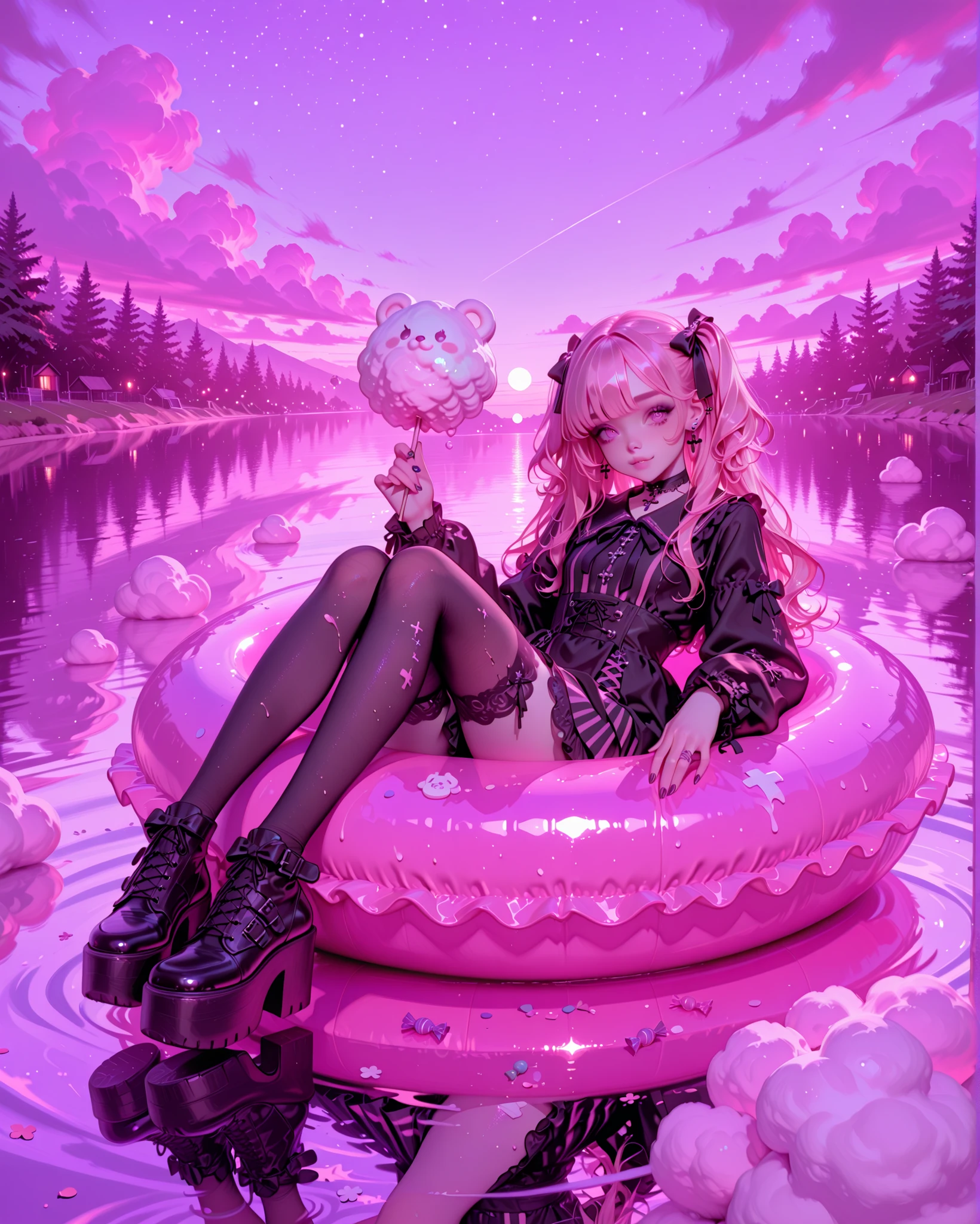 Pastel goth girl relaxing on a cute yellow pool float, drifting on a surreal pastel lake. She has pale skin and a pastel gothic aesthetic: long wavy pastel pink hair with black streaks, tied with small gothic bows. Her outfit mixes sweet and dark: a short pastel dress with lace details, striped pastel and black stockings, a black choker with a cross, and platform gothic shoes. She is lying playfully on the float in a coquettish pose, her expression mischievous and a little dark, contrasting with the dreamy environment. Background: surreal pastel lake glowing softly in tones of pink, lavender, and sky blue, with reflections of oversized cotton-candy clouds and hints of a candy-fantasy world, mixing kawaii sweetness with gothic attitude.