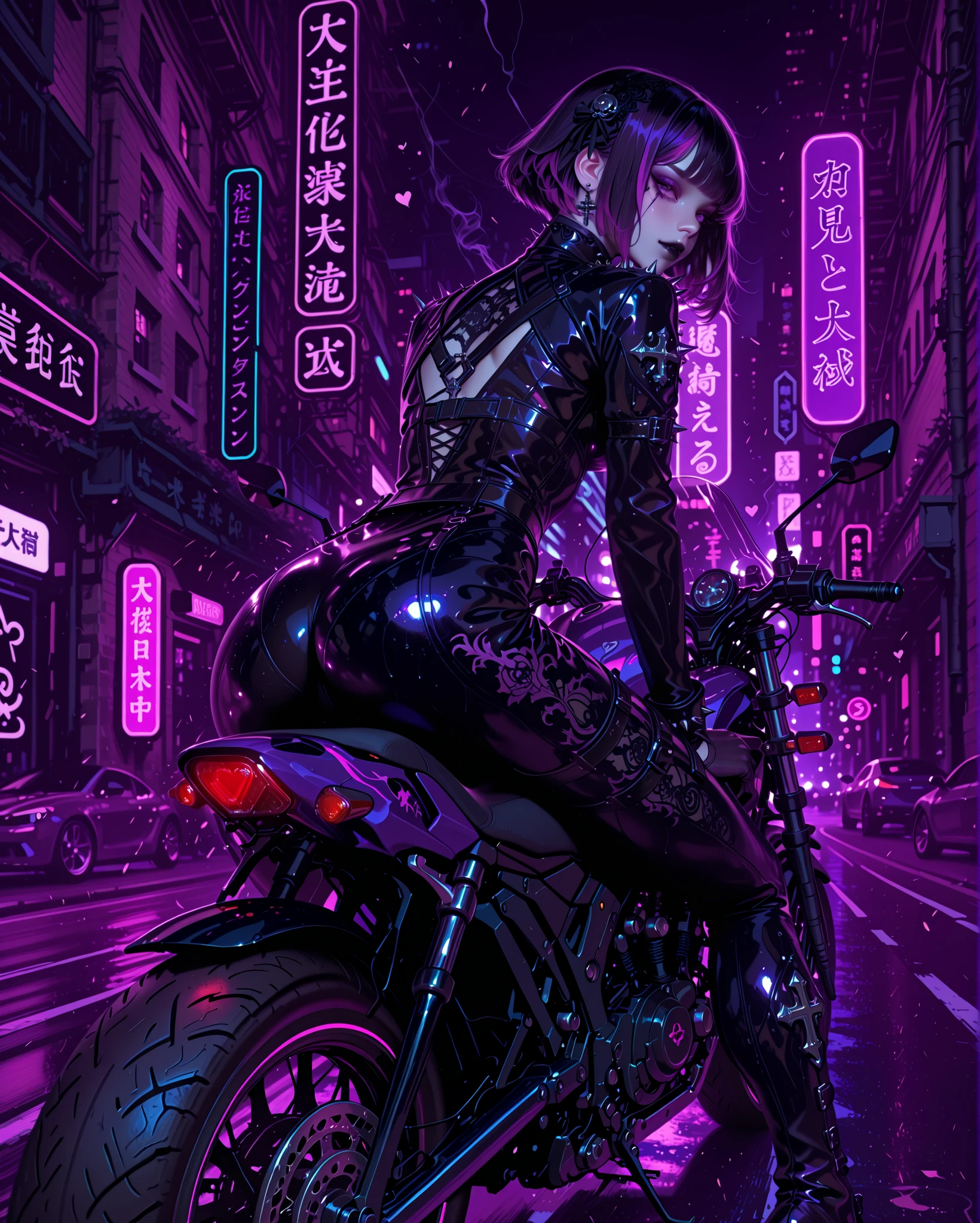 (( back view)) ((high angle)) Gothic girl, pale skin, slim and athletic body, wearing a dark gothic outfit adapted for riding: tight black and crimson leather suit with gothic accents (lace patterns, metallic crosses, subtle spikes), gloves with silver rings, and heavy boots with futuristic touches. Her face is sharp and confident, with dark eyeliner, smoky makeup, and black lipstick.
Her hair (bob cut, dark with purple highlights) streams back with the wind as she leans forward in a dynamic aerodynamic pose, tightly gripping the handles of the motorcycle, full focus on speed.
Motorcycle: a kawaii-inspired sports bike, sleek design, colored in black with neon pink and purple details, decorated with cute yet dark decals (gothic ribbons, little bats, hearts with thorns). The bike glows faintly with soft neon underglow, blending kawaii charm with gothic menace.
Background: a night cityscape, neon lights and glowing billboards in the distance, blurred by speed. The road reflects lights like wet asphalt, sparks and dust trail behind the bike, giving a sense of motion and adrenaline.
Atmosphere: stylish and cinematic, a fusion of cute neon aesthetic and gothic rebellion, fast and dramatic, with the girl exuding dark power and elegance as she pilots her kawaii sports motorcycle.