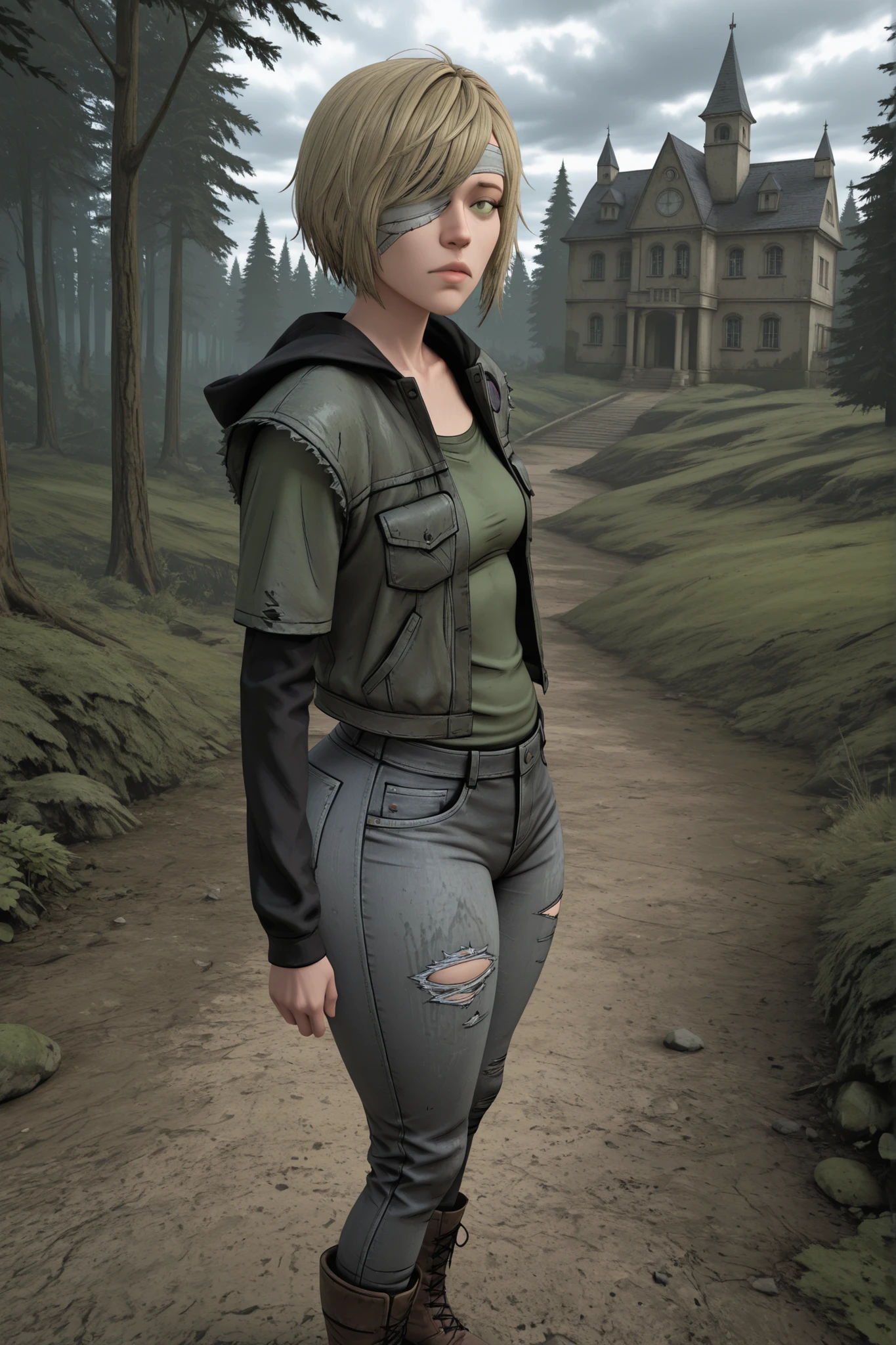 score_9, score_8_up, score_7_up), masterpiece,best quality,amazing quality,very aesthetic,absurdres,newest,detailed eyes, A professional,high-quality,hyper-realistic picture of a woman, 3Drealistic,masterpiece, outdoors, (moss covered runned  down mansion in the background:1.2), mansion, forest, dutch angle

TWDVelvet, 1girl, young, short hair, blonde hair, green eyes,thick thighs, wide hips, fembodtweak, from the side, from above, looking at viewer, looking up,cloudy eye,  (head half covered in bandages, bandages over hair, white bandages, one eye covered by bandages:1.3), depressed, huge thick thighs, loose jeans, boots, asymmetrical clothing, asymmetrical boots,  small breasts, green shirt, open sleveless jacket