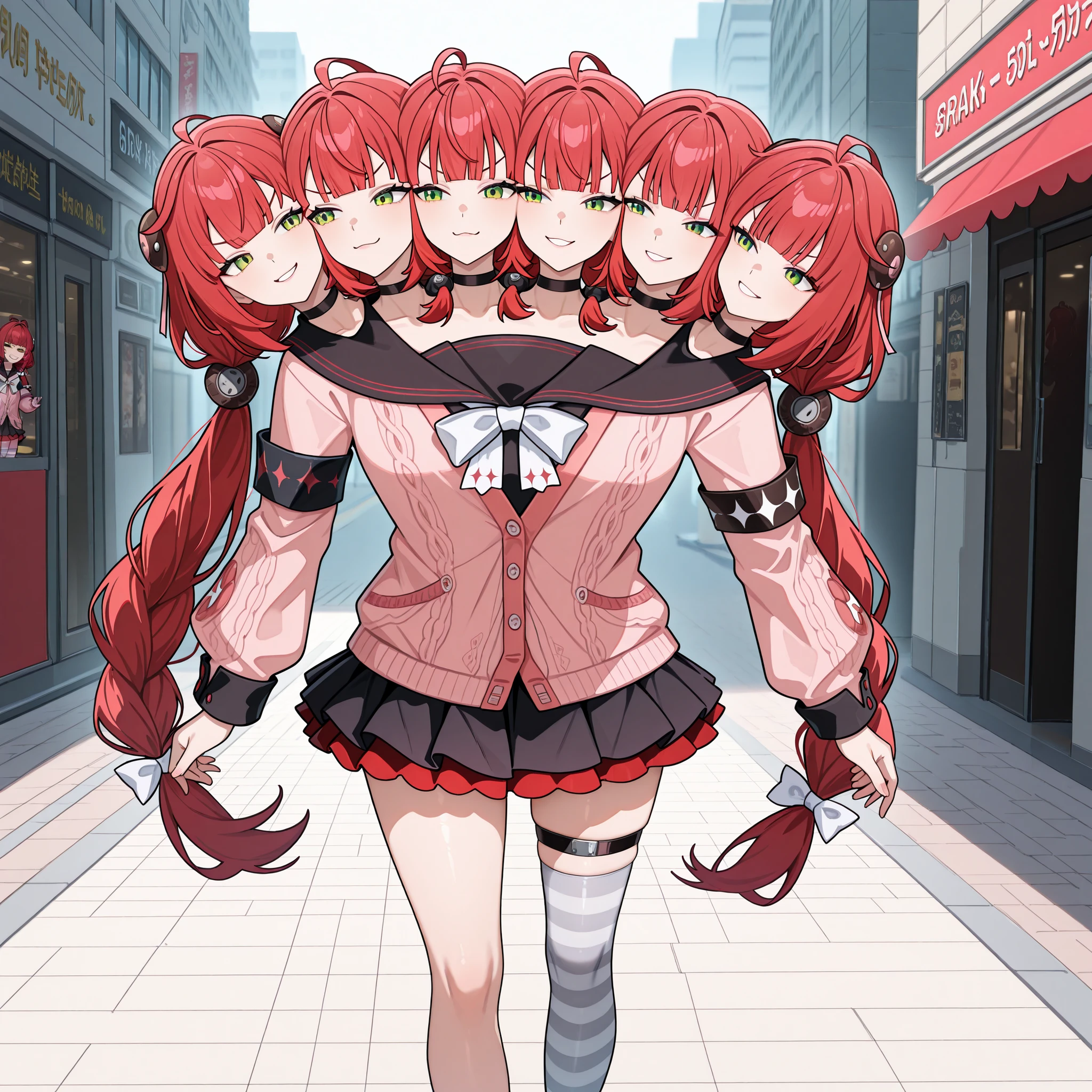 masterpiece, best quality, absurdres, conjoined, 5girls, 5 heads, multiple girls ,solo, cheek-to-cheek, rating_safe, BREAK red hair, ahoge, blunt bangs, low twin braids, hairpods, hair bow, white bow, green eyes, pink cardigan, black sailor collar, white bowtie, puffy long sleeves, sleeves past wrists, black armband, layered skirt, black skirt, pleated skirt, miniskirt, red skirt, thigh strap, striped thighhighs, white thighhighs, grey thighhighs, single thighhigh, black choker, BREAK look around, look left, smug, smirking, evil smile, walking, Shopping Street, morning