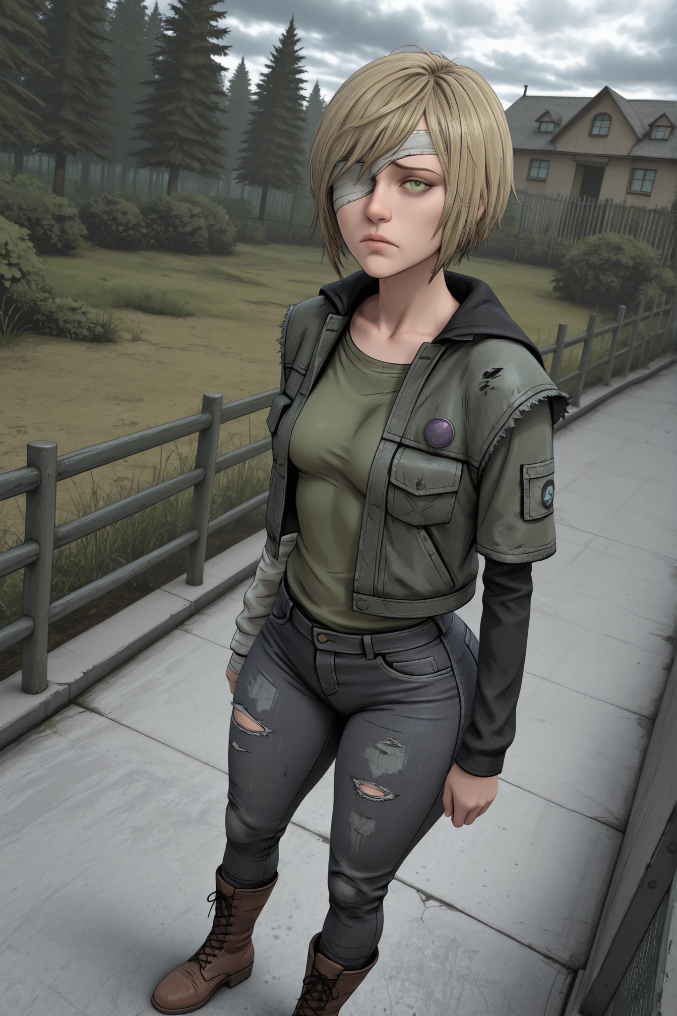 score_9, score_8_up, score_7_up), masterpiece,best quality,amazing quality,very aesthetic,absurdres,newest,detailed eyes, A professional,high-quality,hyper-realistic picture of a woman, 3Drealistic,masterpiece, outdoors, (moss covered runned  down mansion in the background:1.2), fence, concrete fence, mansion, forest, dutch angle

TWDVelvet, 1girl, young, short hair, blonde hair, green eyes,thick thighs, wide hips, fembodtweak, from the side, from above, looking at viewer, looking up,cloudy eye,  (head half covered in bandages, bandages over hair, white bandages, one eye covered by bandages:1.3), sad, depressed, huge thick thighs, loose jeans, boots, asymmetrical clothing, asymmetrical boots,  small breasts, green shirt, open sleveless jacket