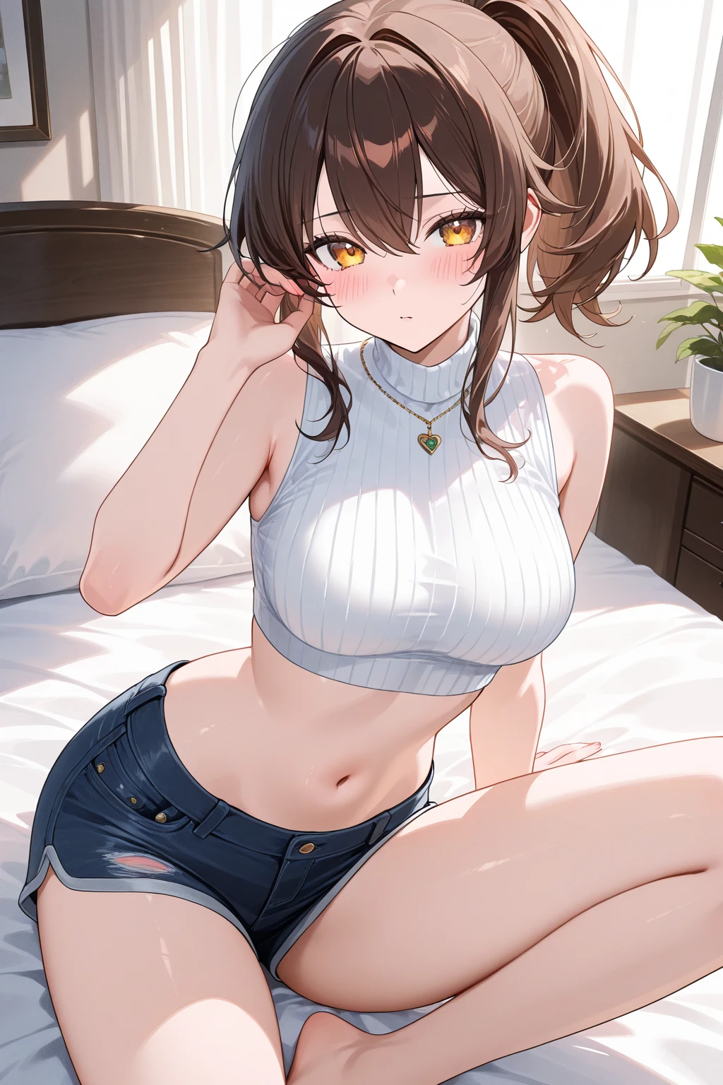 {{{NSFW}}},(masterpiece:1.2),(ultra quality:1.2),(ultra detailed:1.2),(ultra-high resolution:1.2),(very fine 8K CG wallpaper:1.2),Air Groove\(umamusume\),{1 girl,beautiful girl,cute,smile,kawaii, lovely,blushing,playful expression},sharp focus,oily skin,beautiful detailed hair,glossy hair,(wear gym uniform:1.5),(lying on the bed:1.2),wear buruma,perfect two legs,(spread two legs:1.2),,five fingers,(large breaths),beautiful detailed eyes,jewel like eyes,violet eyes, (two hands behind head:1.1),open mouth,armpits, solo,beautiful navel,  looking at viewer,collarbone,earring