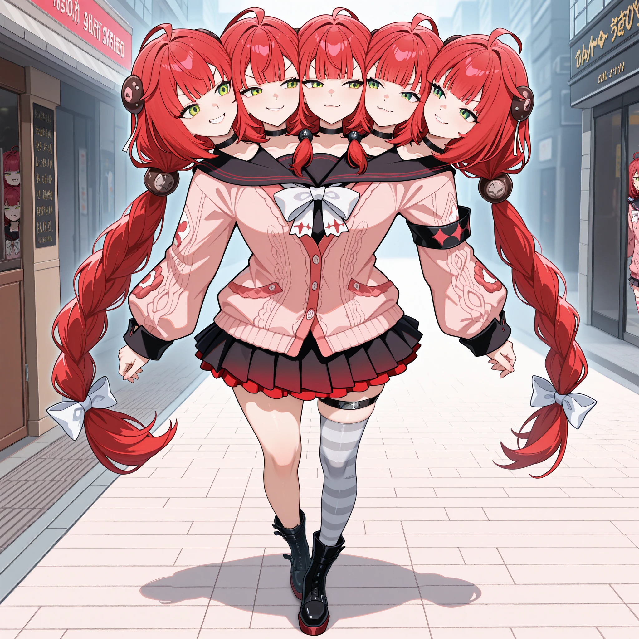 masterpiece, best quality, absurdres, conjoined, 5girls, 5 heads, multiple girls ,solo, cheek-to-cheek, rating_safe, BREAK red hair, ahoge, blunt bangs, low twin braids, hairpods, hair bow, white bow, green eyes, pink cardigan, black sailor collar, white bowtie, puffy long sleeves, sleeves past wrists, black armband, layered skirt, black skirt, pleated skirt, miniskirt, red skirt, thigh strap, striped thighhighs, white thighhighs, grey thighhighs, single thighhigh, black choker, black boots BREAK look around, look left, smug, smirking, evil smile, walking, Shopping Street, mornin
