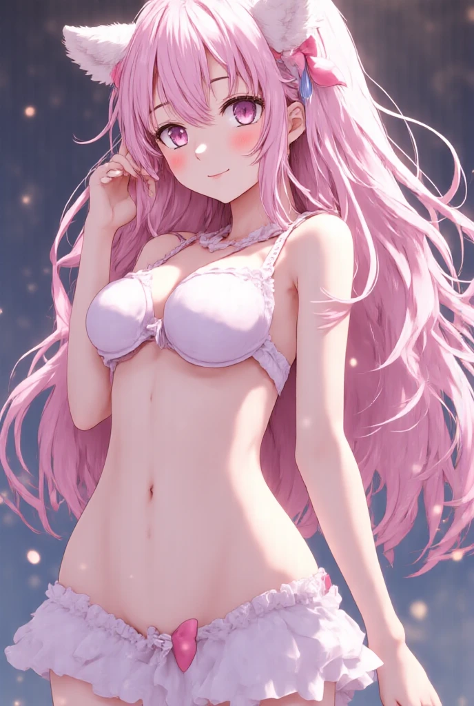 milky pink wavy hair, purple eyes, blushes expression, wear a white lingerie