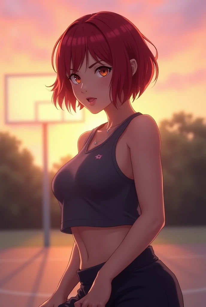1 anime girl, sportsbra, red short hair, seductive looking, red lips, short skirt