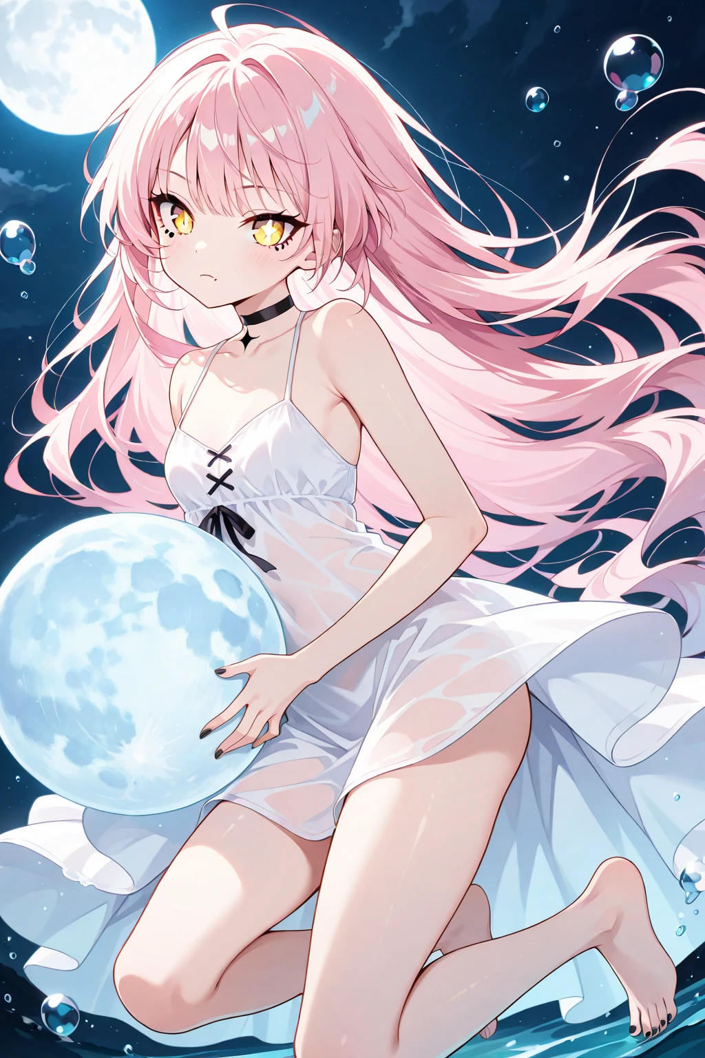 (dynamic angle, dynamic pose), pov, fish eye, (looking afar, cowboy shot),
petite, ((deep sea creature girl)), sea ââserpent, scale, red eyes, pale red wavy hair, standing, soft smile,
(simple background, deep sea , large amount of jellyfish, shell, tower at long distance, Mysterious, luminescence),