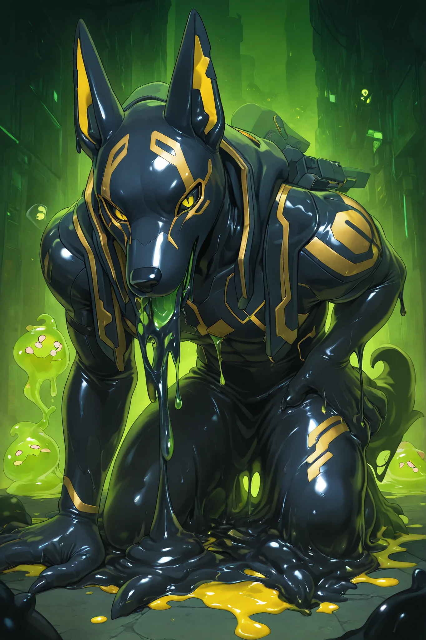 1boy:1.2 , anthro goo boy, anthro goo wolf, claws,\(vader-san\), wolf boy, liquid latex creature, black body, gold markings, egyptian, jackal, jackal ears, black sclera, slit pupils, solo, alleyway background, cyberpunk vibes, masterpiece, best quality, amazing quality, very aesthetic, absurdres, dangerous, open mouth, dripping goo from mouth, hunched over, teasing, (goo boy, goo creature, slime), dripping, growling, monster