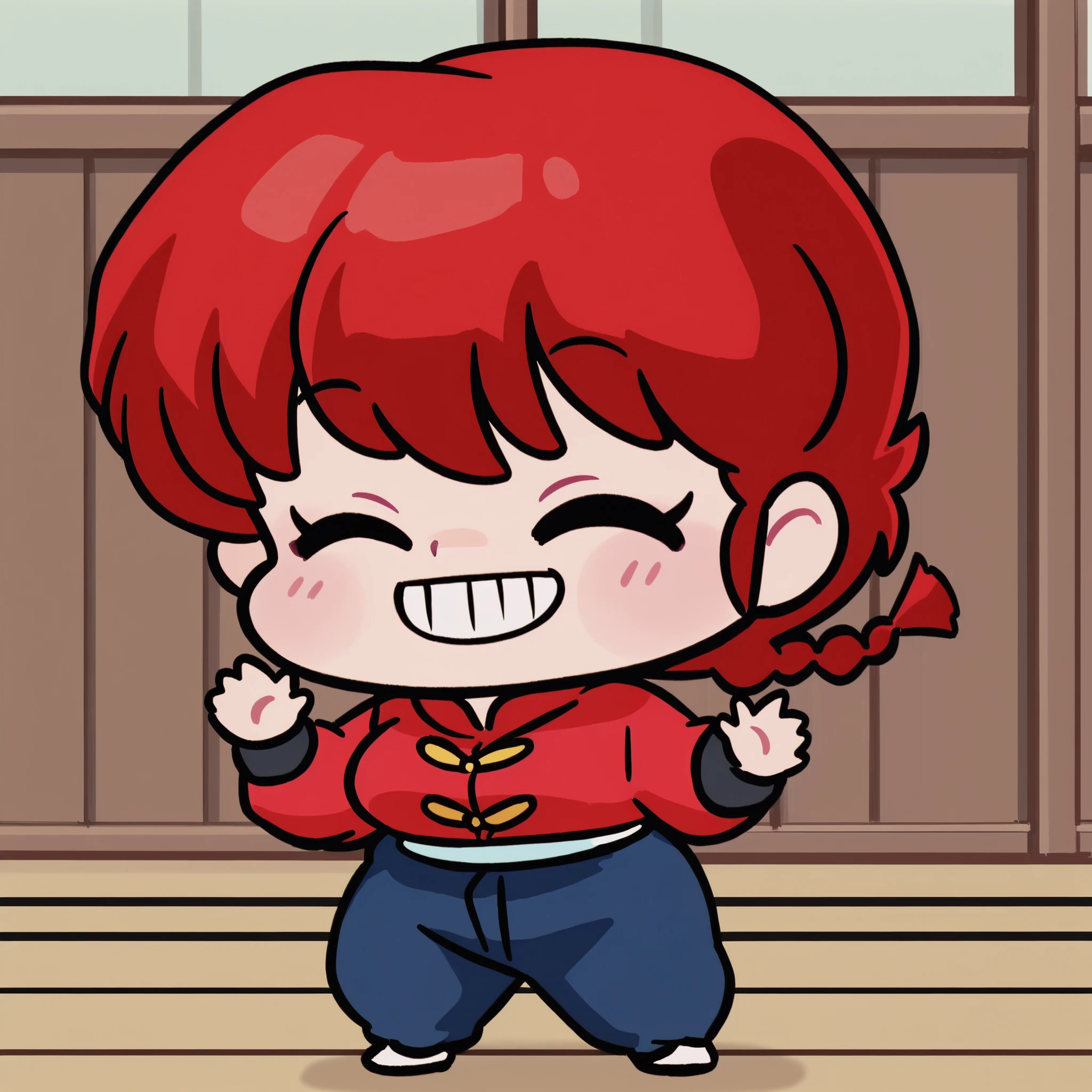  Ranma saotome , cabello rojo, hair with a braid, eyes closed, Big breasts, NSFW,  sexy hips, sexy waist, red shirt with yellow buttons, blue pants, Japanese Dojo , looking at the spectator, by day, waving with one hand, smiling with teeth, happy, alone, without people in the background, pretty woman, Cute anime girl, blushed, standing, pose linda, imagen linda wallpaper, full body, chibi style, 