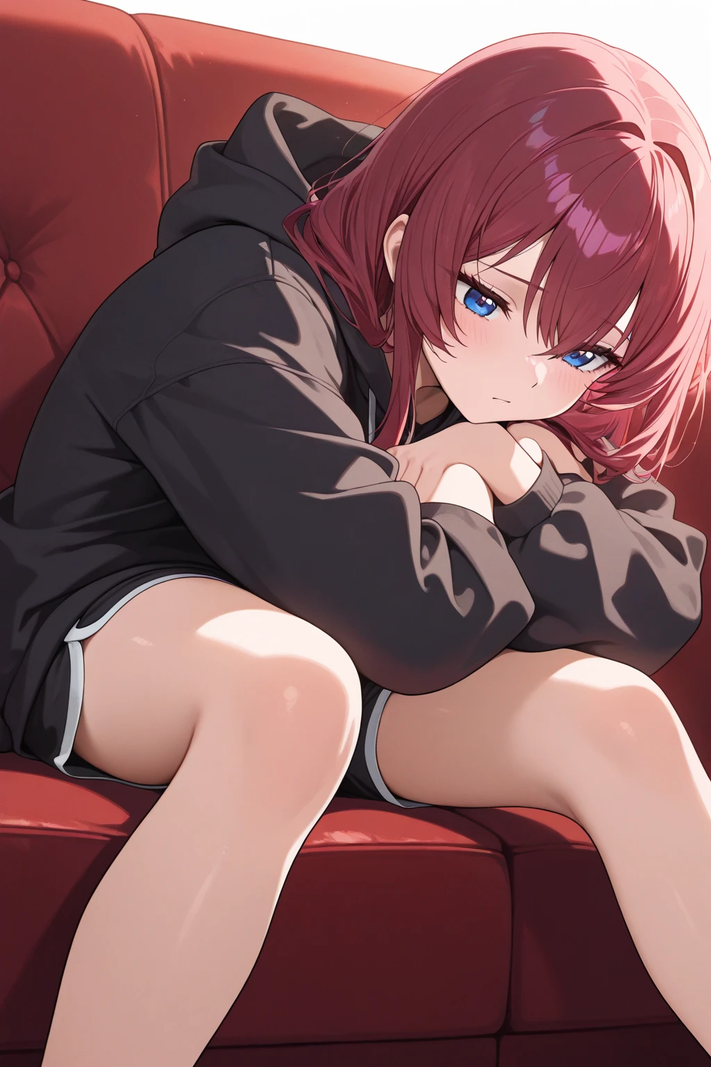 (blue archive) ((Myojo Himari)) (an legs) (sitting down on the floor) Sideways sitting looking-down A sexy ((Inter-strands)) seductiv