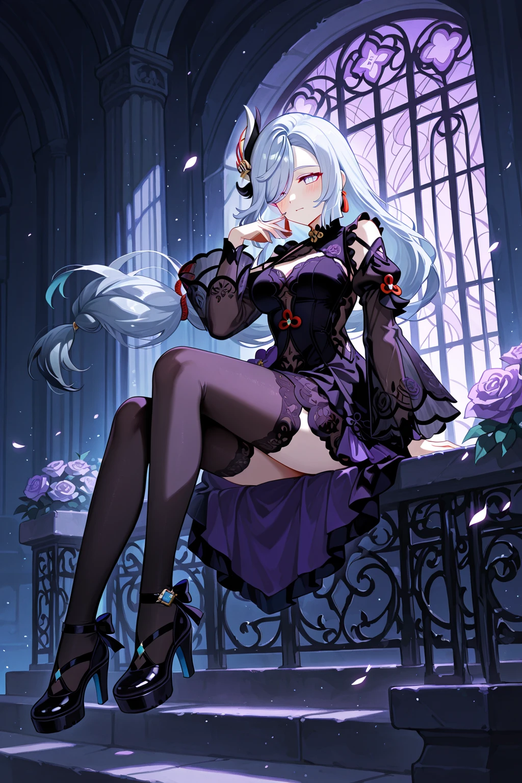 ((masterpiece:1.4,best quality)),(Super detailed),(Extremely detailed eyes),(Shiny socks:1.5),Hello Darkness
(Cute girls),15 years old,(Blood-red pupils,Diamond-shaped pupil:1.15),Purple Eyeshadow,(elongated hair,Thick hair,Single ponytail,shiny hair:1.5)(Changes through:1.2),despair,sad,Empty eyes,tears streaming down my face,tilting its head to the side,
(She wore a blue dress,:1.5),(Black gloves:1.4)Very long plush sleeves,White,White Cloud,Dream bubbles ,Ice and glitter effects
(Black long skirt:1.1),
((Starry Sky:1.2)),
(Intense black and white:1.16),(Depth of Field:1.4),,Intricate details,(((Detailed background,Castle in the Sky,Purple flowers by the lake))),(((Huge breasts,Bare breasts,Deep cleavage,White stiletto high heels,Transparent clothes)))