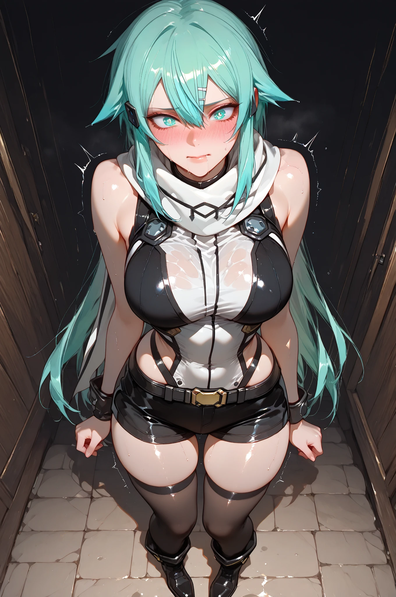 (masterpiece, best quality:1.2), expressive eyes, perfect face, highres, (female:1.5), 1girl, solo, black_star_soul_eater, blue hair, green eyes, long hair, worried face, black bodysuit, blushing, open mouth, standing, upper body, looking at the viewer