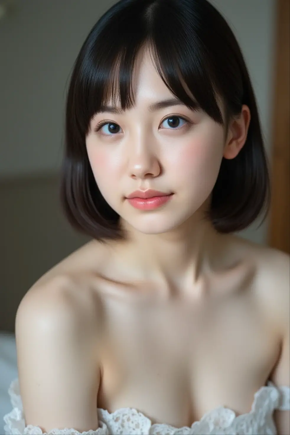  female 1 person, beauty, beautiful faces、(  blushing and embarrassing expression :1.35)、((Completely naked)),  Big Breasts、Place your hands behind your back.、 ultra-realistic  , Ultra high resolution , best quality ,8k,Masterpiece、The cutest Moe Iori 、Natural skin、 I have moderate wrinkles on my skin、 ponytail、Completely naked