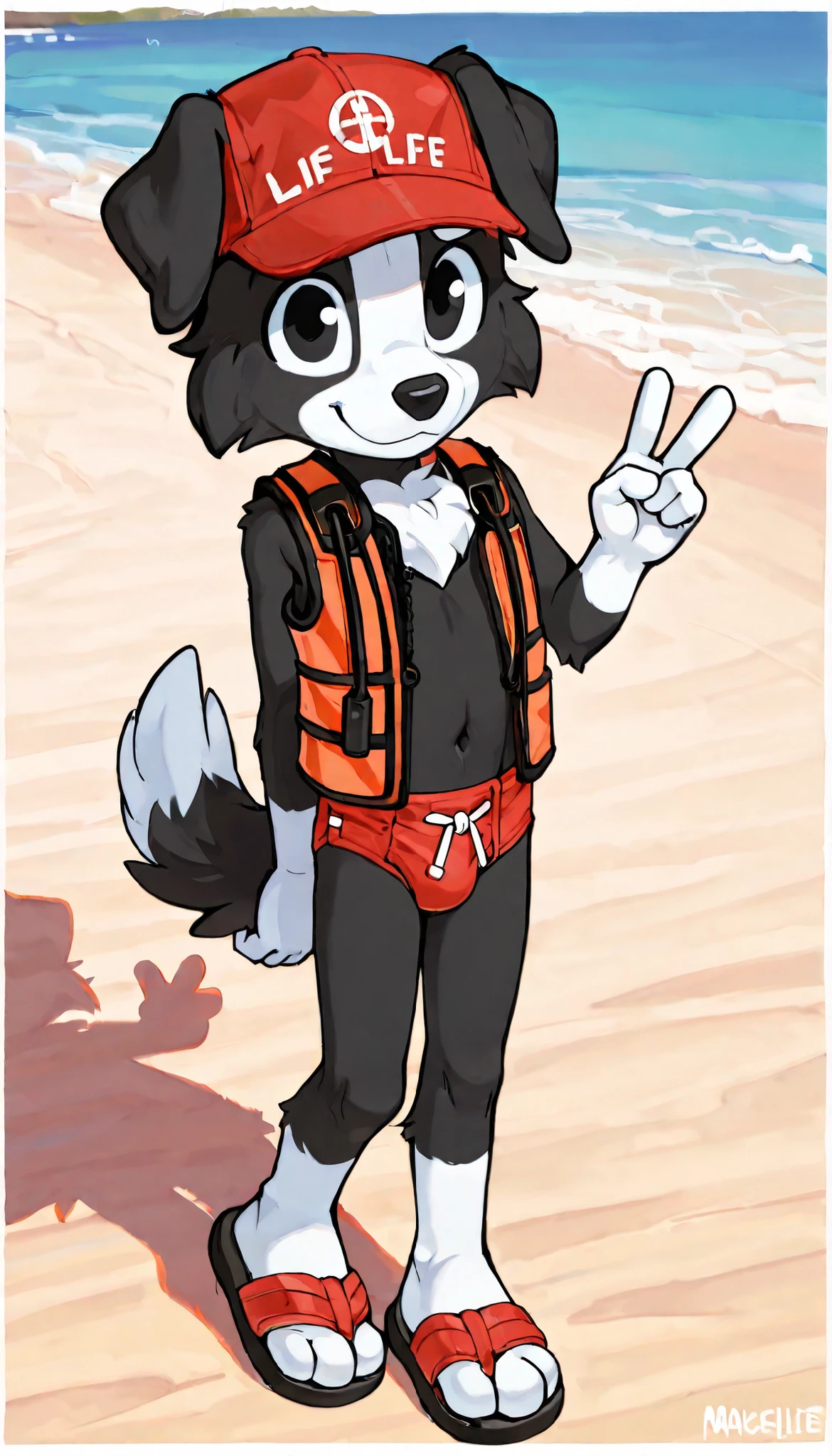 score_9, score_8_up, score_8, 1boy, source_cartoon, source_furry, source_anime, Border collie, Mackenzie, black and white fur, fluffy fur, full body, smile, beach, furry, cub, young, skinny, young teen, full body, v, peace sign with one hand, (black body fur only), left leg white fur, rigid left ear, feets with three toes, ( shota), navel, 
((red cap, red slip swim bottom, life vest, open clothes, sandals))
Countershading, best quality, amazing quality, high resolution, (masterpiece), best quality, highres, absurdres, (anime outline),Â  rim light, volumetric,8k, 4k/