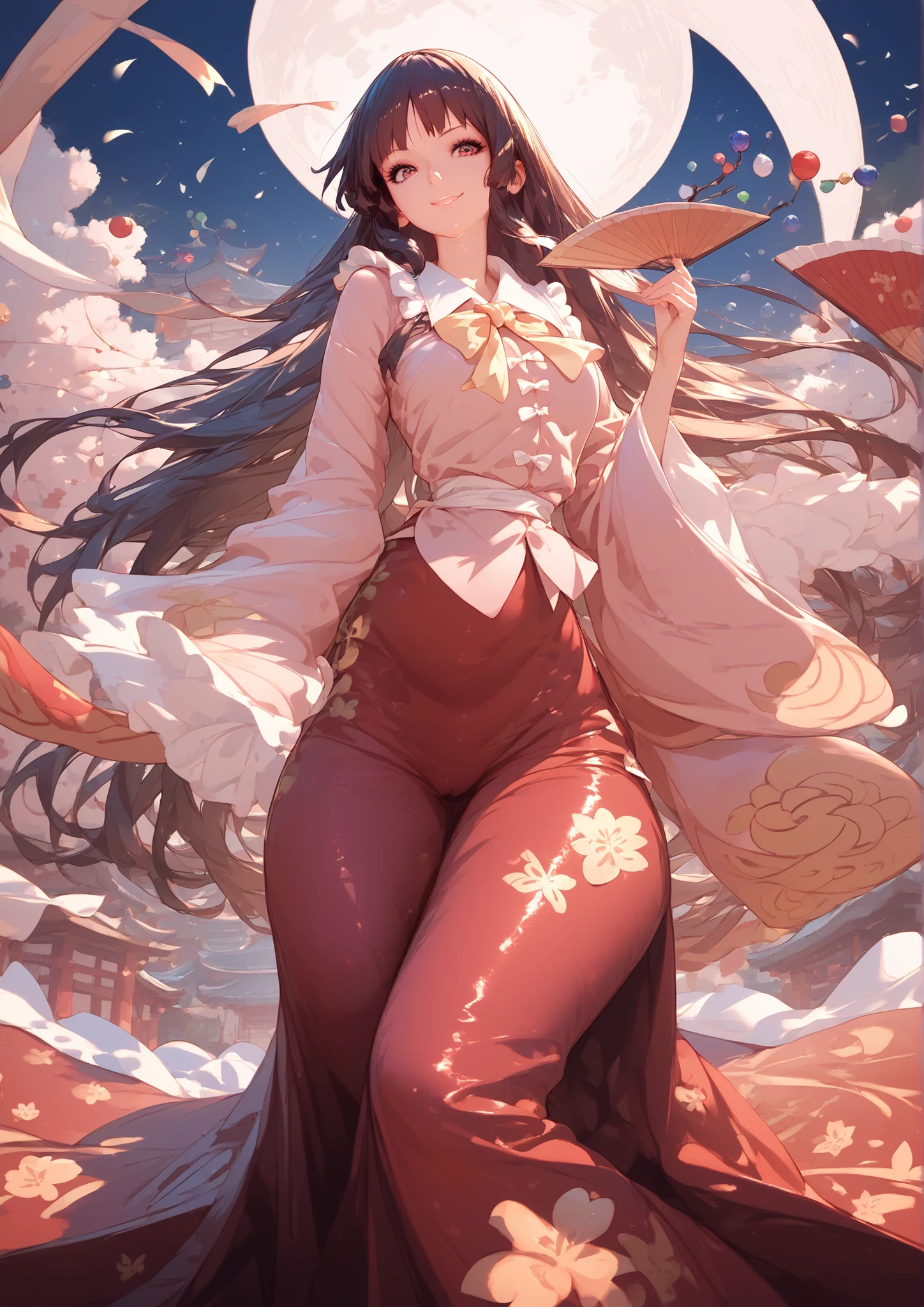 Score 9, score 8 up, score 7 or higher, reviews are questionable,long skirt、
detailed background,
Kaguya,
wide hips, shiny skin,