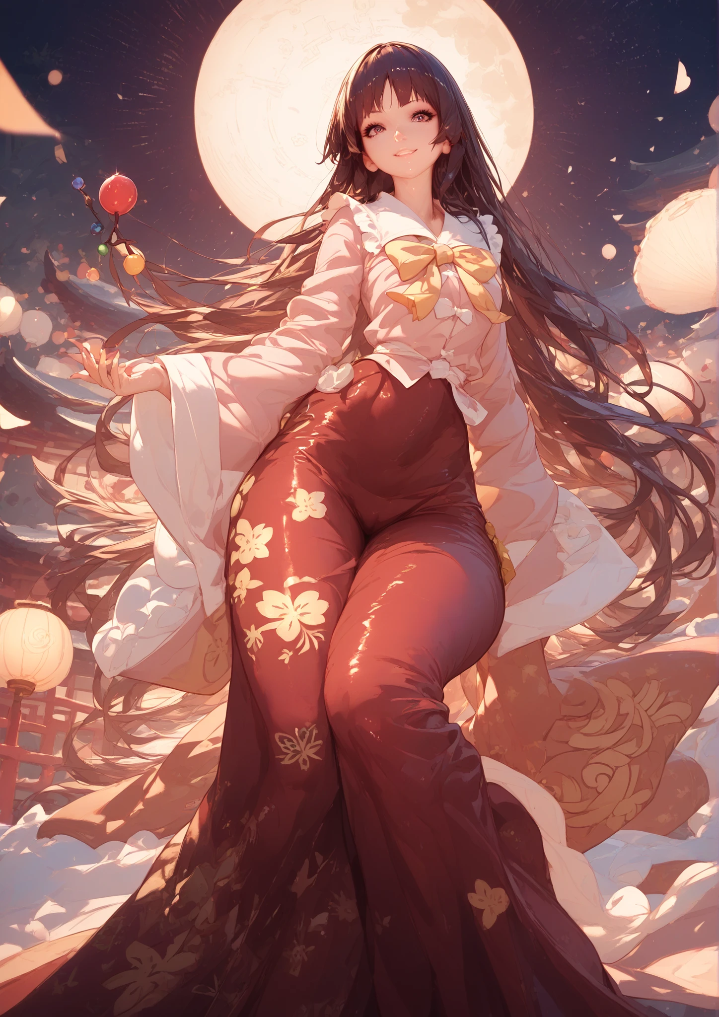 Score 9, score 8 up, score 7 or higher, reviews are questionable,long skirt、
detailed background,
Kaguya,
wide hips, shiny skin,