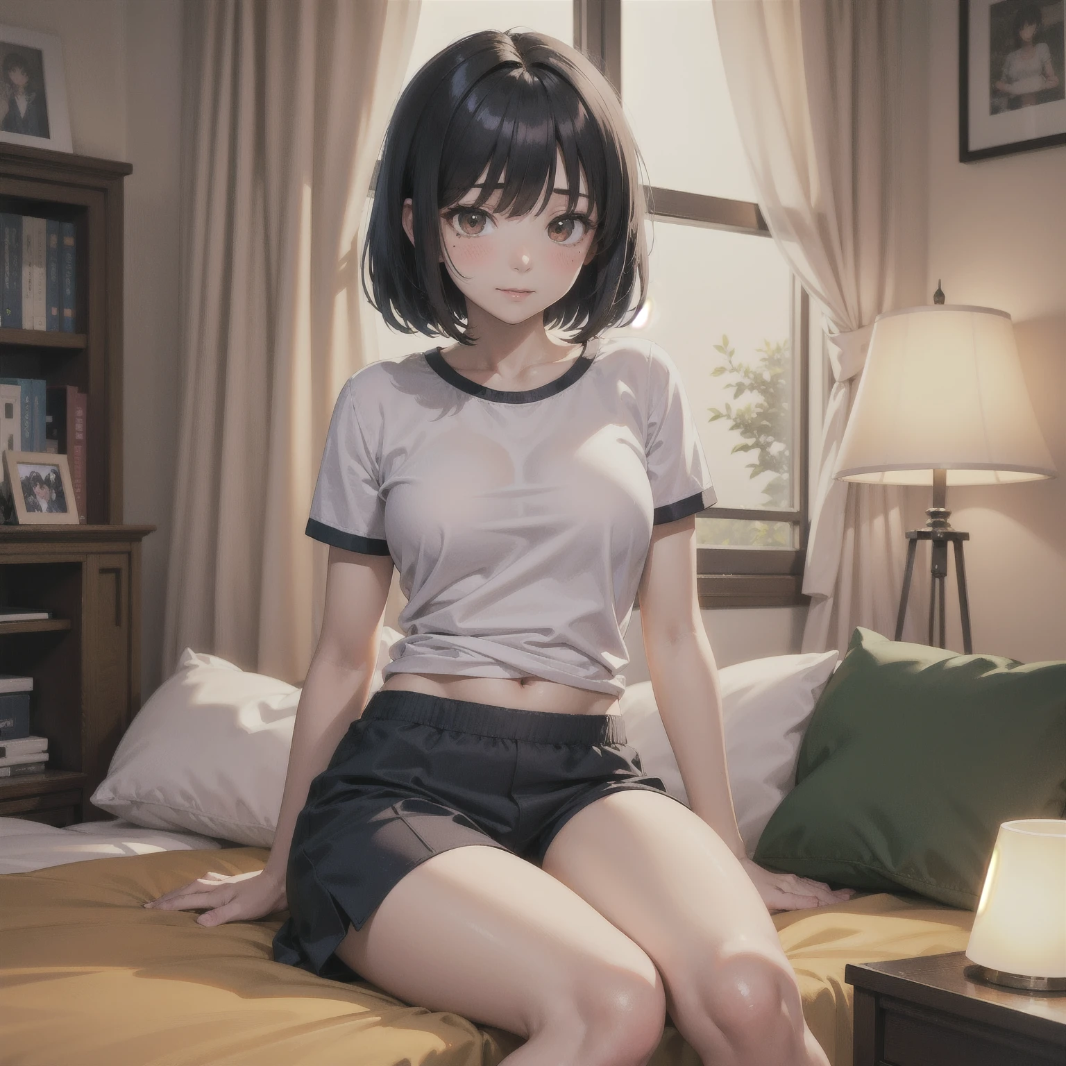 ( Highest quality, Ultra-high resolution)、girl、Black Hair、Bob Hair、melancholy、Staring out the window、A simple white T-shirt with a loose fit around the neck、Browse Down:1.2、White panties、Near large windows、indoor、Sit sloppily、Outside the window it's bright, blue sky、The room is dark、Nipples、nsfw