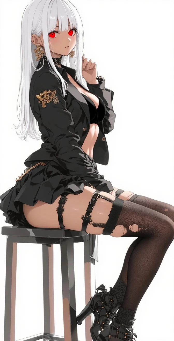 black pencil skirt, black long sleeve top, only the navel,Put your hands behind your back,restraints, white hair, Very long hair, straight hair, Cute, slender body, thin legs, Black thigh high stockings, Nylon stockings, hands in black leather handcuffs, hands, connected in a chain, amrs togather, masochistic, whole body, on the knees, leather handcuffs, calf tattoo, large collar around the neck, 18 years, long eyelashes, mascara, cute face, bent over, top down bottom up, arms behind back, kneeling, submissive look, lying on table, on stomach