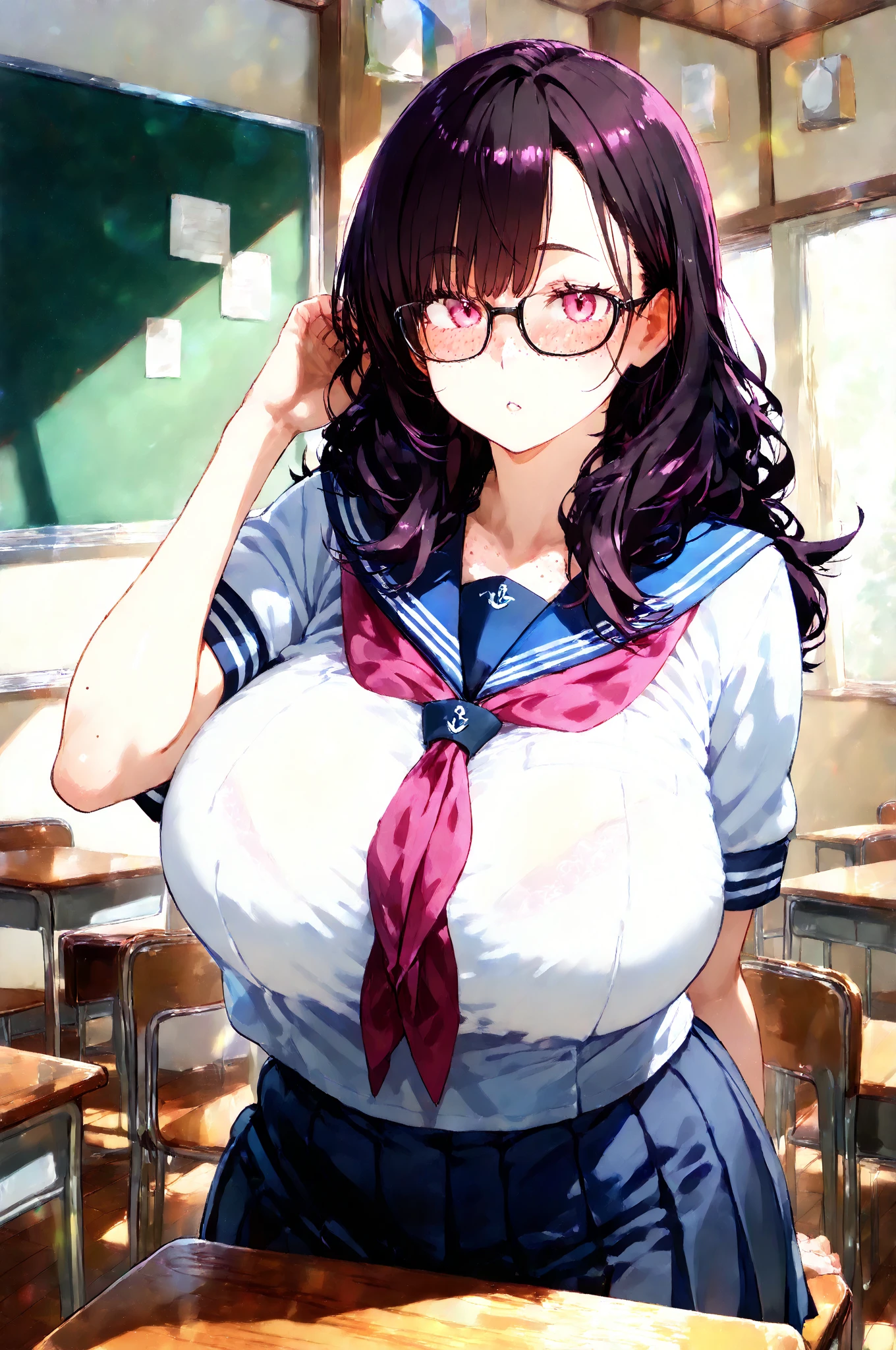 (Huge breasts、Cleavage:1.9),Kitasan Black(Horse Girl),Huge breasts,smile、(school uniform)、classroom、machine、A large number of people、(Putting on a collar:1.5)、Earrings、Earrings、bracelet,(masterpiece, Highest quality, Highest quality, Official Art, beautifully、aesthetic:1.2), (Super detailed)、(Nipples:1.5),navel piercing,Shaved,Open your mouth,(Steam is coming out of the body:1.5)、Cleavageがある,(Cowboy Shot)、(Beautiful Face:1.5)、(Shirt lift:1.5)、flipping clothes,Upper Body、Exhibitionism,Short skirt、Skirt flipped up、White lace pants、garter belt,Highest quality、Animal ears、Breast milk is coming out、White micro panties、((Exposing the breasts))、(nsfw:1.5)、bright、 exposed、A large number of people、crowd、Wearing glasses、Everyone Exposed、Sticking out tongue