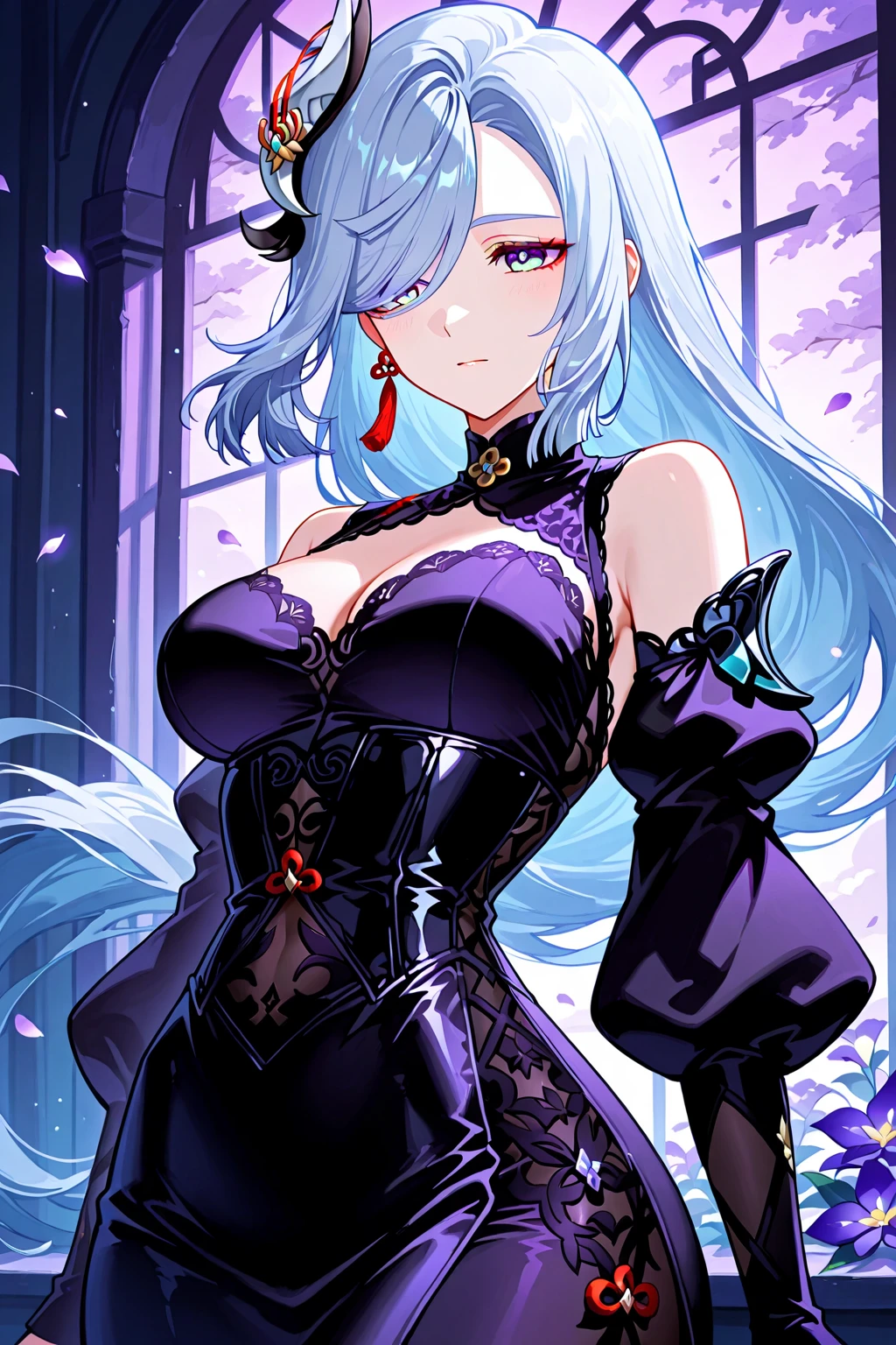 Silver Hair、Bobcut、Completely naked、blackい翼を持つ女性、Big Breasts、Spread your legs、Nipples、vagina、羽根のモチーフが付いたblackい服、Her clothes are open, Exposed breasts and thighs、Show off your thighs、It also has a purple gem..、Official Anime Artwork, Ayaka Genshin Impact, black, Shalltear Bloodfallen,  Detailed Key Anime Art, black photo, Ayaka Games Genshin Impact, Gap Moe Yandere Grimdark, Fine details. Girls&#39; Frontline