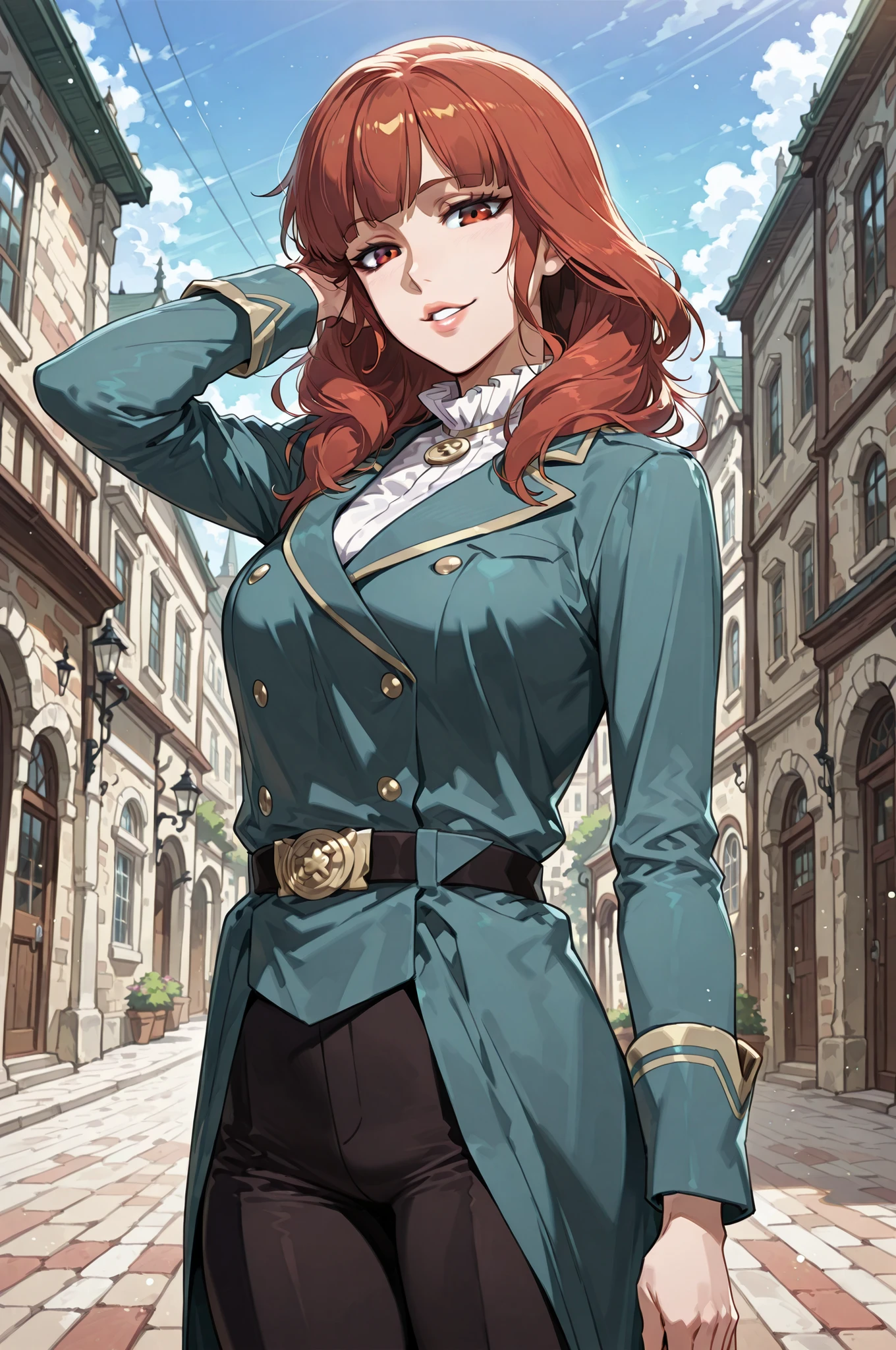 lazypos, 1girl, solo, looking at viewer, wideshot, from the front, cowboy shot, standing, outdoors, victorian england city, detailed eyes, anime, seductive, looking at viewer, shadow, flashes, ligh particles, from front, parted lips, full lips, thick lips, one arm raised, hand in hair, confident smile, confident expression, (ultra-detailed), feCeli, red hair, red eyes, medium breasts, military uniform