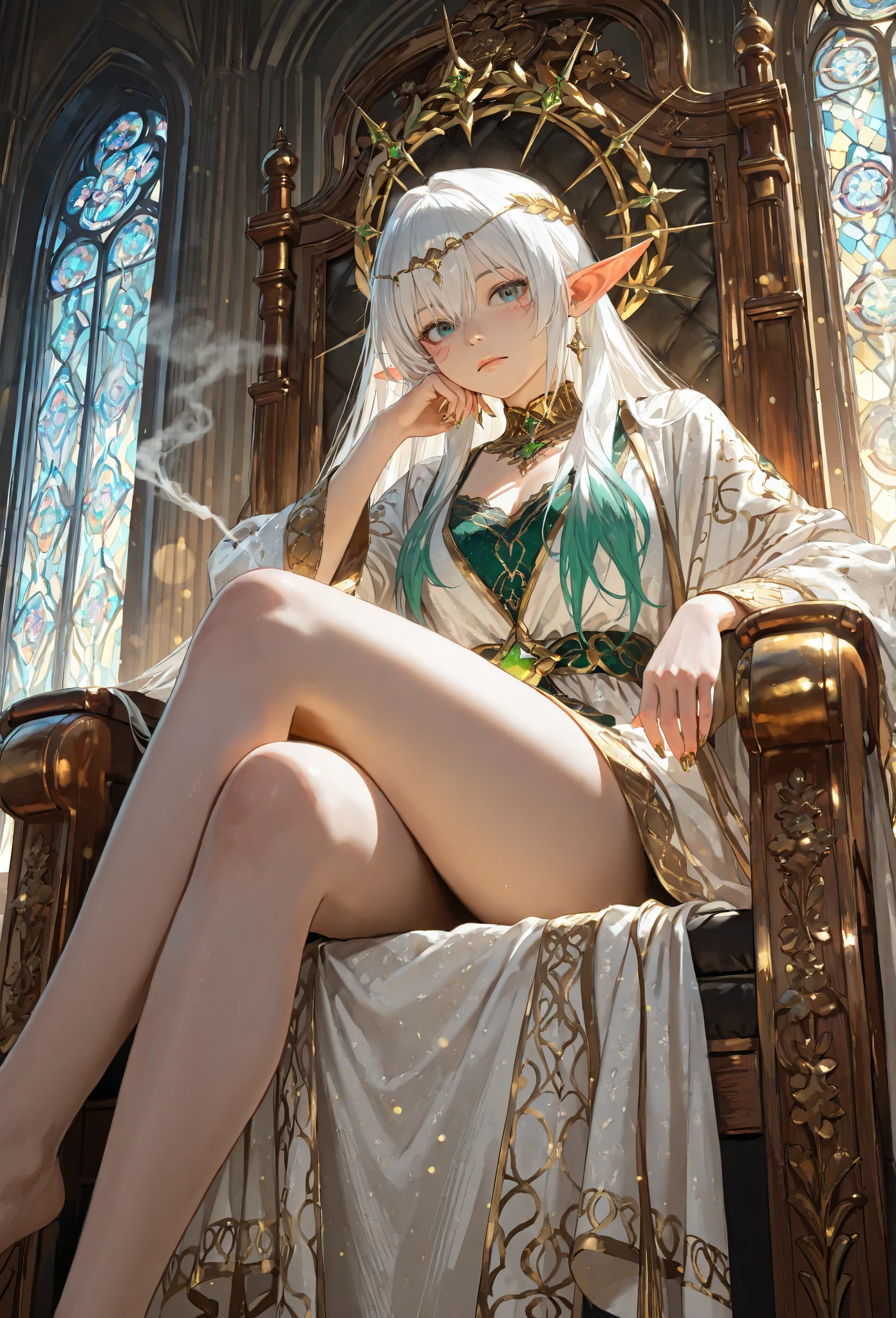 (best quality, ultra-detailed, 8k resolution, flawless anatomy, hyper-detailed textures, realistic fabric tension, masterpiece), seated elven elder on an ornate throne, legs crossed at the knee, right hand supporting cheek in a casual contemplative pose (head resting lightly on hand), expressionless and unreadable, ageless elongated features, high cheekbones, subtle age lines around eyes, long silver-white hair flowing over embroidered robe, tapered pointed ears, jeweled circlet resting on brow, luxurious layered robes with embroidered runic motifs and metallic thread, intricate brocade textures, gauntleted yet elegant hands, long tapered fingers and well-kept nails, throne carved from ancient wood and black stone with entwined vine and draconic motifs, dim grand hall background with stained-glass windows and faint celestial glyphs, drifting incense smoke and floating motes, soft volumetric rim light and cool moonlit key light, warm gold accents catching highlights, muted emerald / twilight-blue / antique-gold palette, surface with realistic skin texture, flushed and slightly darkened tones, glossy highlights, subtle bump mapping, soft lighting enhancing curvature and tension, goosebump details, photorealistic shading, macro lens focus, anatomically accurate surface tension and depth, photo-realistic, cinematic lighting, realistic skin texture, subsurface scattering, real fabric physics, natural imperfections, DSLR photography, bokeh, HDR rendering, ultra-realistic shadows