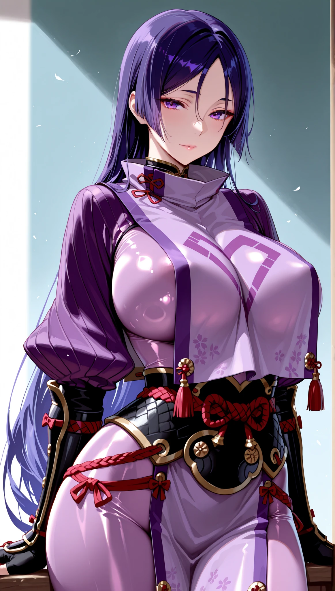 Long hair, purple hair, big breast, blackberry eyes, anime style, dress celeste, mature women, straight hair, fringe, no lipstick , side ponytail , battle kimono, legwear blue marine, arm wear blue marine