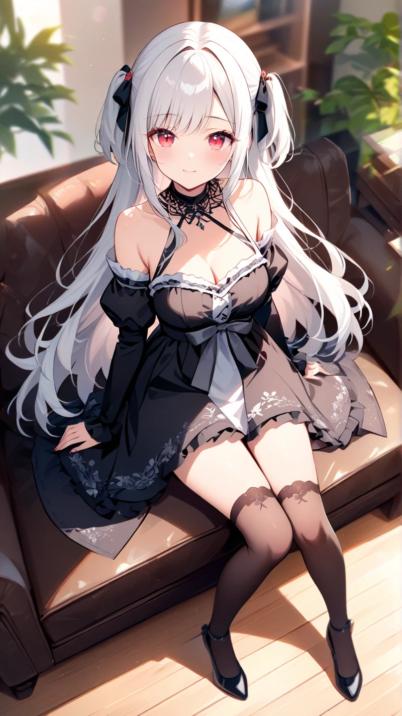 (Highest quality, High resolution, Very detailed), 1 female, Silver Hair, Long Hair, Reddish brown eyes, Black Dress, lace thong, Large Breasts, Beautiful slim legs, secretary, 24th generation, Beautiful woman, mature, thin, quiet, Calm, Large Breasts, A small smile, sofa,