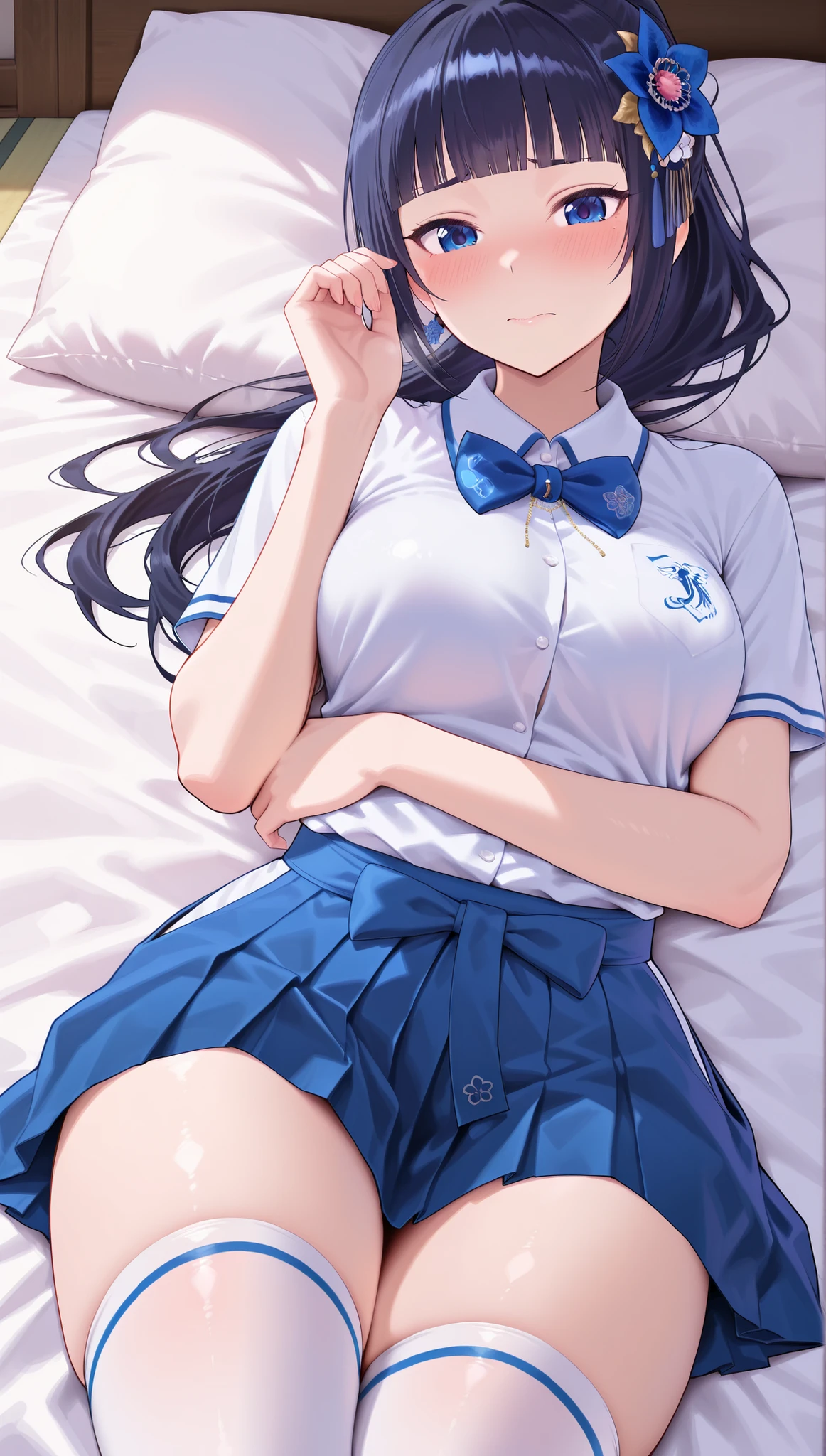 solo,masterpiece,best quality,super fine illustration、finely detail 、clear picture、UHD、HDR, amazing quality, highres, absurdres, very aesthetic, high resolution, ultra detailed, perfect details,(masterpiece, detailed:1.2)、virtual youtuber, aoi_costume3, black hair, long hair, half updo, blunt bangs, blue eyes,lie on own back,embarrassed,virtual youtuber, aoi_costume2, black hair, long hair, ponytail, blunt bangs, blue eyes,
hair ornament, white shirt, collared shirt, blue bowtie, blue skirt, hakama skirt, zettai ryouiki,,mature female