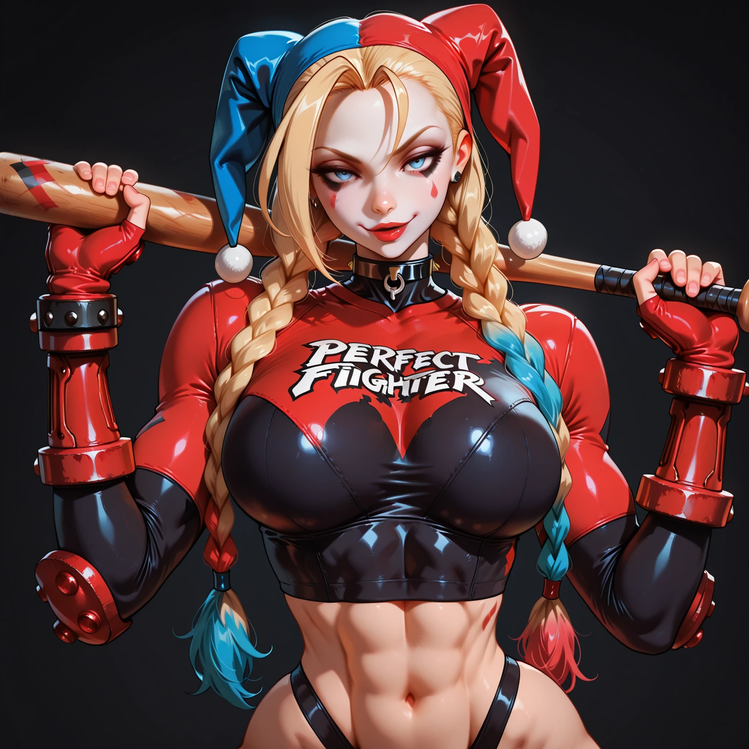 best quality,4k,8k, high res, masterpiece:1.2),ultra-detailed, realistic, photorealistic:1.37, dynamic, action-filled background, bombshell young version of Anna Nicole Smith cosplaying as a sexy Harley Quinn, Hyper fit, incredible shape, fun, charismatic, detailed eyes, detailed lips, beautiful engaging smile, sexy and confident, ((((huge muscles))))