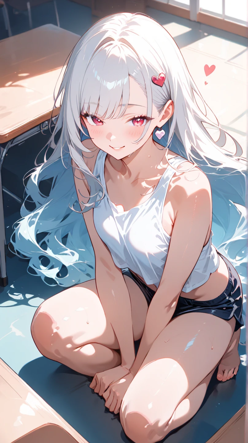 (Highest quality), (High resolution), (masterpiece), (Very detailed), One Girl, Cowboy Shot, Show the whole body, silver wolf\(Collapse Star Rail\), Grey Eyes, Grey Hair, Long Hair, Vertical roll ponytail, One Girl, Blue Archive Art Style, One Girl, Silky skin, Glowing Skin, blush, desire, Heart pupil, Heavy breathing,(Micro Bikini), Front view, (Bright saturation), Love juice drips, Swimwear is see-through, Keep your hands folded behind your back, Shower room, Turn your body forward, Very close