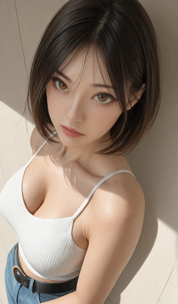 extreme close up,1 girl,(highly detailed skin),curve,small,beautiful胸,(big breasts),white skin,pointed chest,erect nipples,(fantasy art,best image quality,surrealist portrait,(8k),Super realistic,最high quality, high quality, High resolution, high quality texture,high detail,beautiful,Detailed,Highly detailed CG,detailed texture,realistic facial expression,table top,before,dynamic,bold),short hair,(super thin hair),(super soft hair),(ultra straight hair:1.5),long flowing bangs,very light coppery amber hair,hair above one eye,dressed,baggy t-shirt,see-through sailor swimsuit