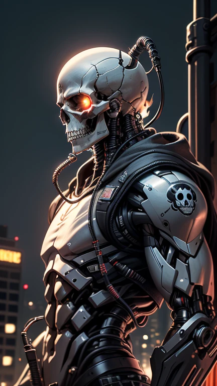 Red-eyed skeleton robot, The face is like a terminator, heavy metal armor, Mecha armor, epic scifi character art, Heavy armor with pitch-black reflections,Cyberpunk-style mech,Ultra-fine mech parts,4K top quality,Super high quality wallpaper