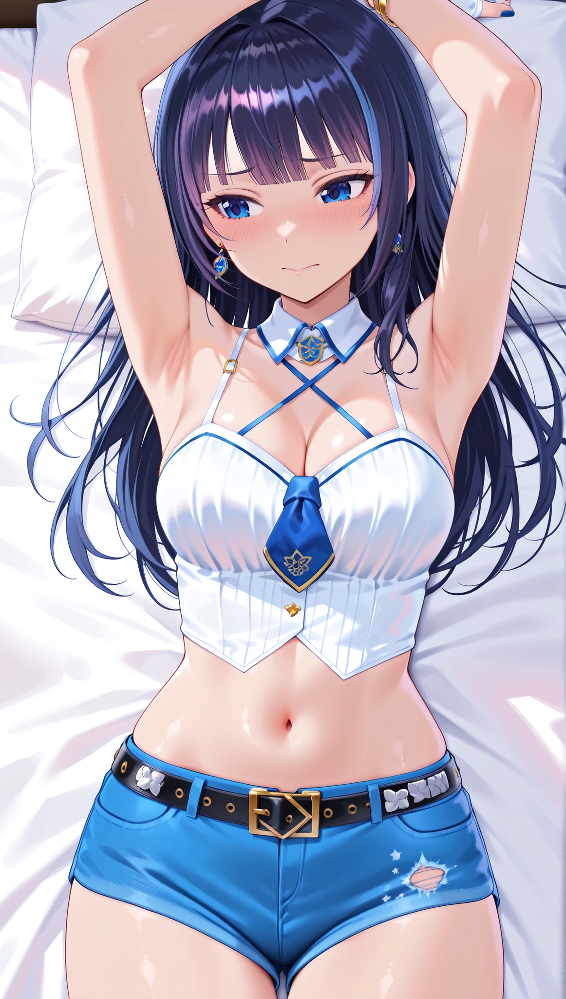 solo,masterpiece,best quality,super fine illustration、finely detail 、clear picture、UHD、HDR, amazing quality, highres, absurdres, very aesthetic, high resolution, ultra detailed, perfect details,(masterpiece, detailed:1.2)、virtual youtuber, aoi_costume4, black hair, long hair, blue eyes, earrings, detached collar, criss-cross halter, white tank top, strapless, blue necktie, short necktie, bracelet, white gloves, blue nails, belt, denim, blue shorts,lie on own back,embarrassed,mature female