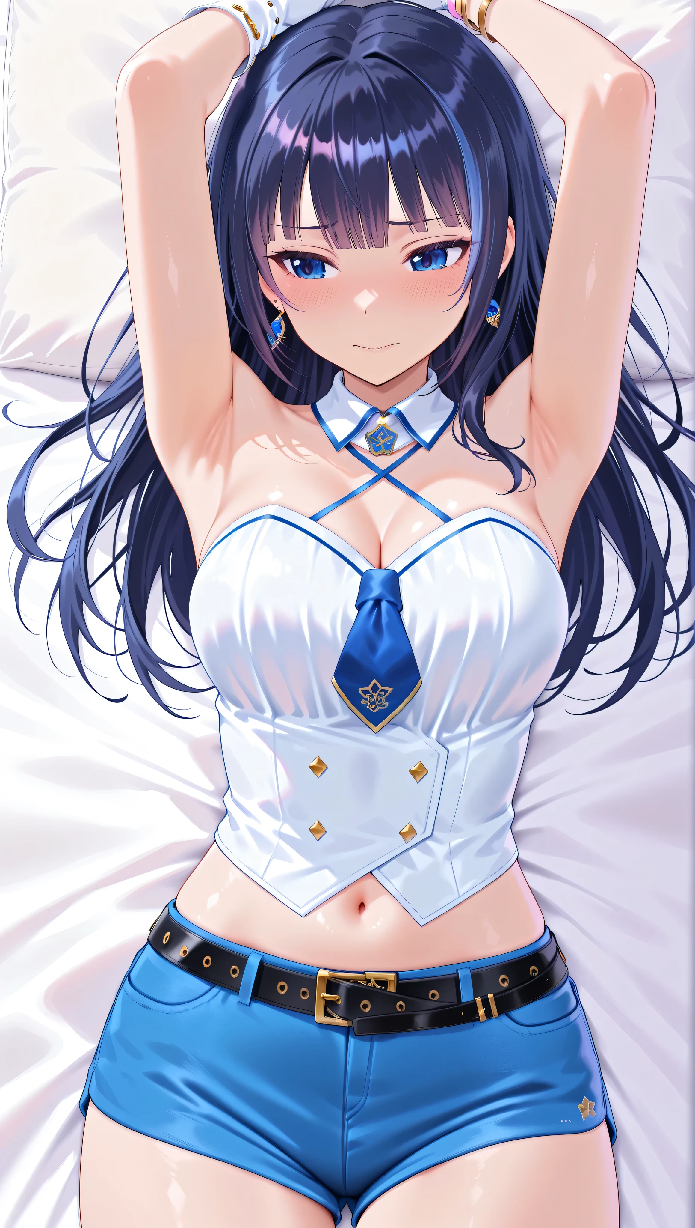solo,masterpiece,best quality,super fine illustration、finely detail 、clear picture、UHD、HDR, amazing quality, highres, absurdres, very aesthetic, high resolution, ultra detailed, perfect details,(masterpiece, detailed:1.2)、virtual youtuber, aoi_costume4, black hair, long hair, blue eyes, earrings, detached collar, criss-cross halter, white tank top, strapless, blue necktie, short necktie, bracelet, white gloves, blue nails, belt, denim, blue shorts,lie on own back,embarrassed,mature female