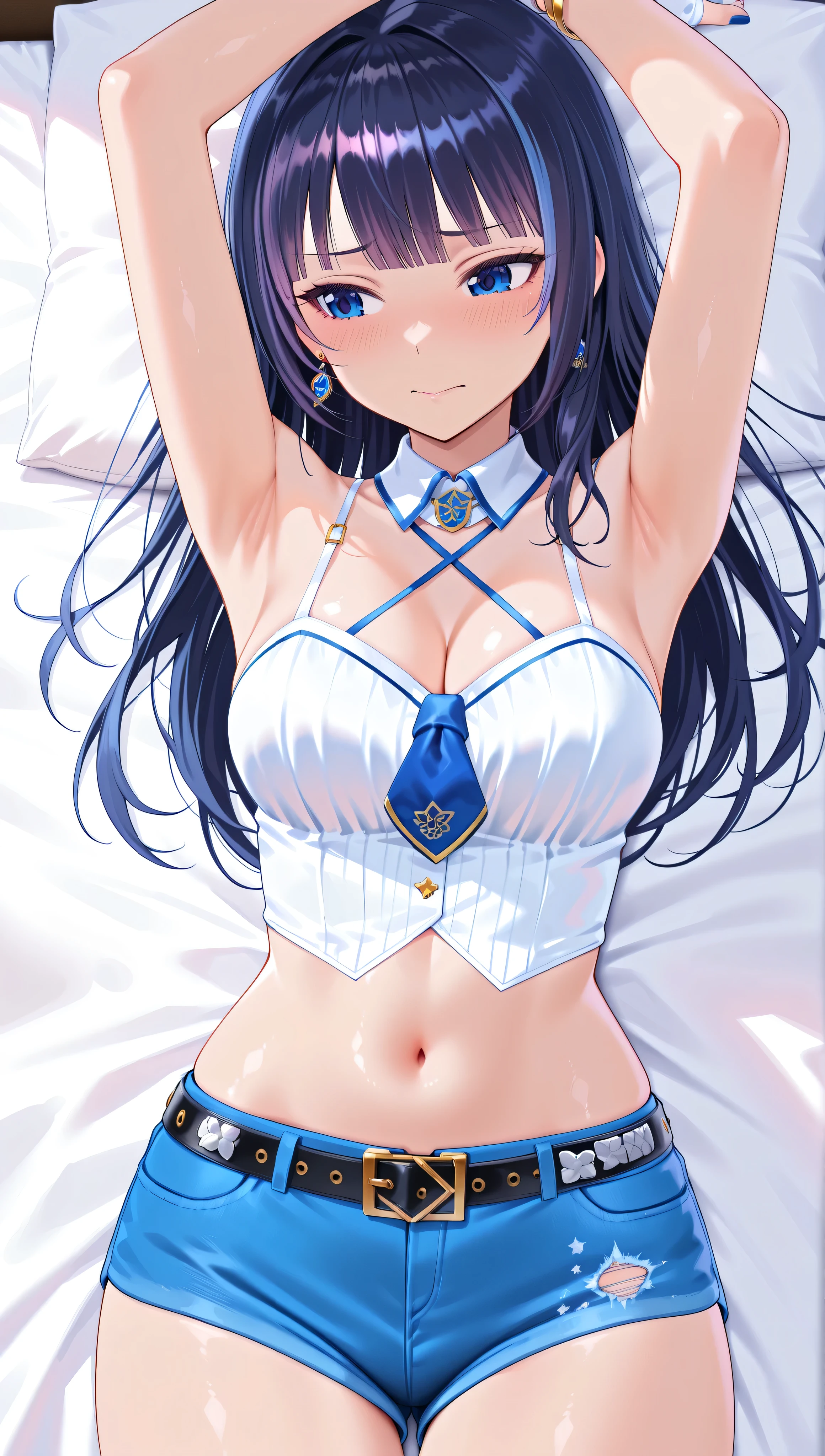 solo,masterpiece,best quality,super fine illustration、finely detail 、clear picture、UHD、HDR, amazing quality, highres, absurdres, very aesthetic, high resolution, ultra detailed, perfect details,(masterpiece, detailed:1.2)、virtual youtuber, aoi_costume4, black hair, long hair, blue eyes, earrings, detached collar, criss-cross halter, white tank top, strapless, blue necktie, short necktie, bracelet, white gloves, blue nails, belt, denim, blue shorts,lie on own back,embarrassed,mature female