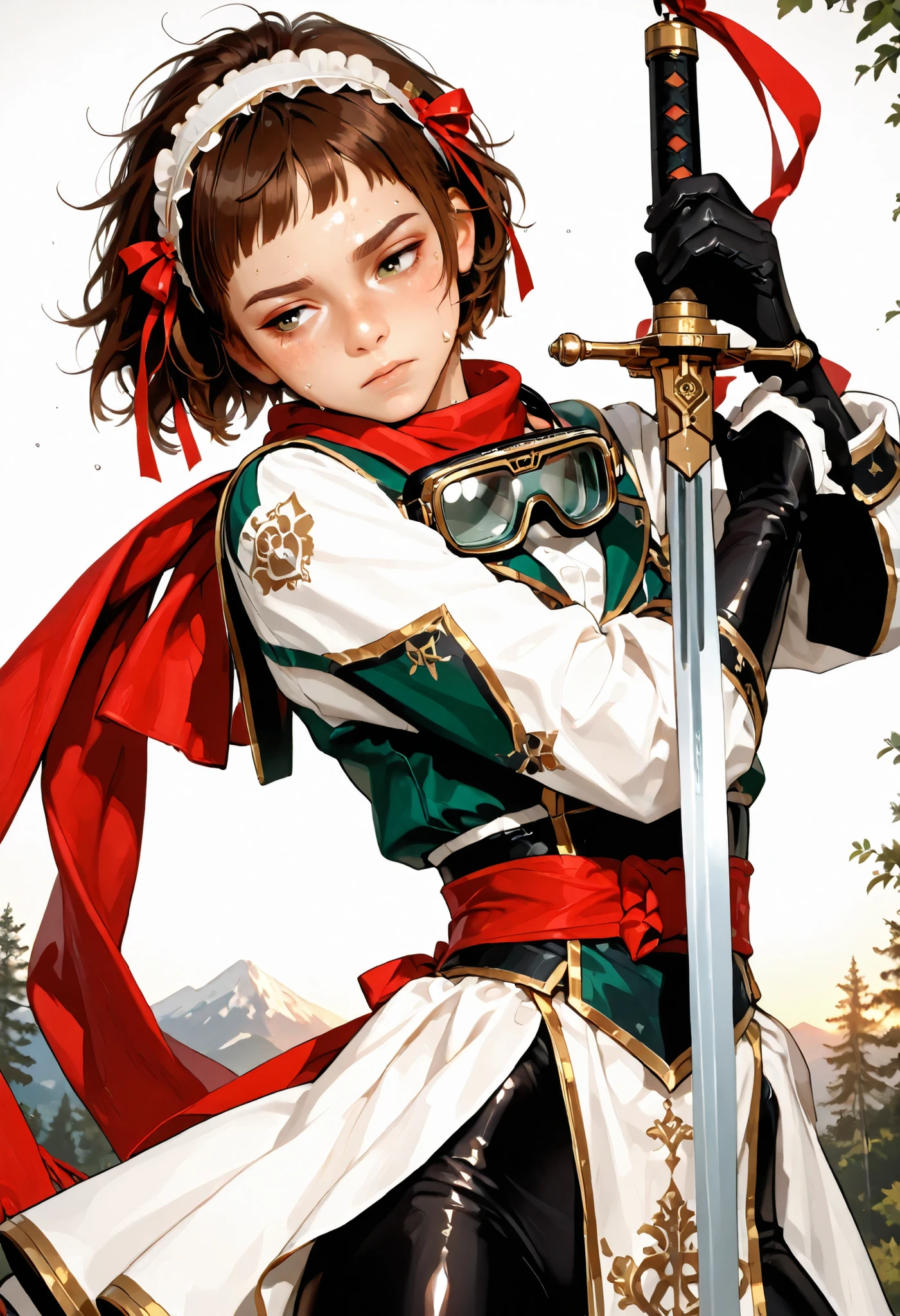 score_9, score_8_up, score_7_up, 1girl, high resolution (4k, 8K), ((swinging sword, action scene)), (brown hair, short bangs, messy hair), light skin, subtle eyeshadow, dark eyeliner, (slender body, short stature, small girl, thin hips, petite body), determined expression, youthful exuberance, (pale green eyes), (freckles), shiny skin, sweat, Super-Resolution, detailed scenario, (black body suit, deep neckline, antiquated goggles, goggles around neck, ruffled hairband, red scarf, tiny coat, waistcloth, white clothes, red ribbon, green clothes, gold trim), (sword dance, dancing with sword, flowing clothes, spinning, practicing swordplay, training, sabre, curved sword), nature, mountain, sunrise