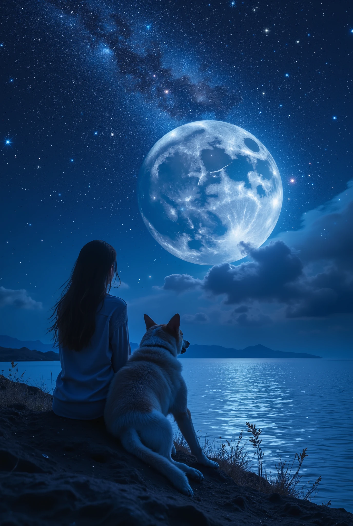 A silhouette of a woman and her dog on a dog looking out over a large body of water. There is a huge moon in the sky as well as a meteor shower, stars and the Milky Way. The water is calm and reflecting the sky. Intricate details, peaceful, beautiful, dreamy