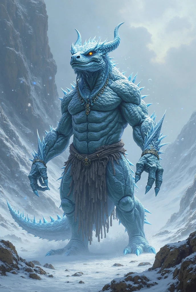 impasto, masterpiece, (male anthro dragon), solo, muscle, portrait, upper body, blue body, staning, tribal, loincloth, detailed, detailed background, starry sky, night, detailed face, transparent crystal, ice, rainbow aurora borealis